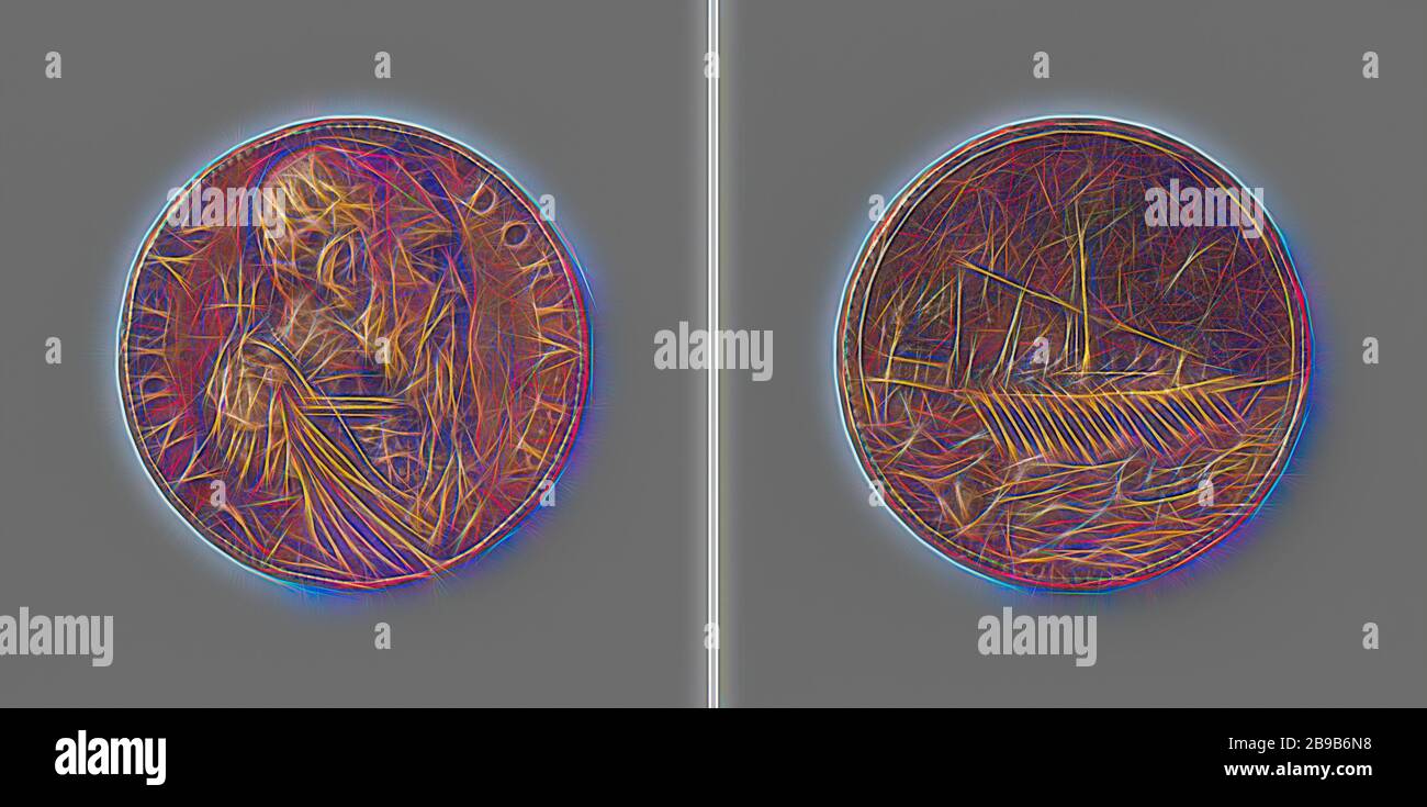 Ammiraglio Andrea Doria, Medaglia di bronzo. Frontale: Petto d'uomo con tridente all'interno di un'iscrizione. Al contrario: Galey, in primo piano si avvicina una barca con due uomini [allusione alla liberazione di Leoni da parte di Doria], Andrea Doria, Leone Leoni, Italia, 1537, bronzo (metallo), fondante, d 4,1 cm × w 27,92 gr, Reimagined by Gibon, disegno di calda luce luminosa e luminosa. Arte classica reinventata con un tocco moderno. La fotografia ispirata al futurismo, che abbraccia l'energia dinamica della tecnologia moderna, del movimento, della velocità e rivoluziona la cultura. Foto Stock