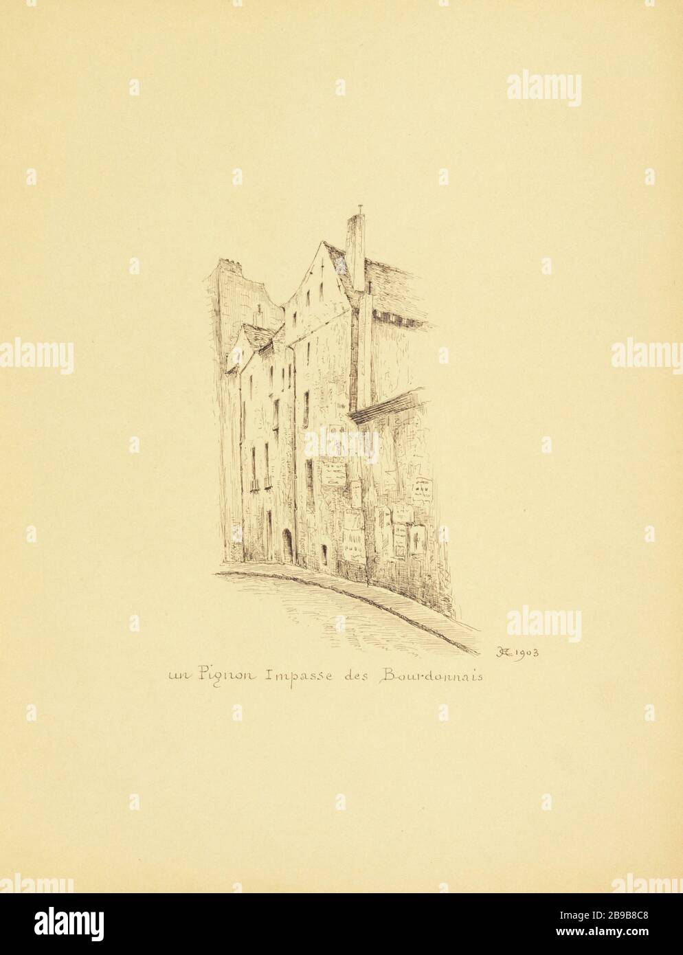 [Vecchia Parigi] A pignone impasse Bourdonnais 1903 Henri Chapelle (1850-1925), dessinateur français. Le Vieux Paris. Un pignon, impasse des Bourdonnais. Pennacchio, encre de chine. Parigi (Ier arr.), 1903. Parigi, musée Carnavalet. Foto Stock