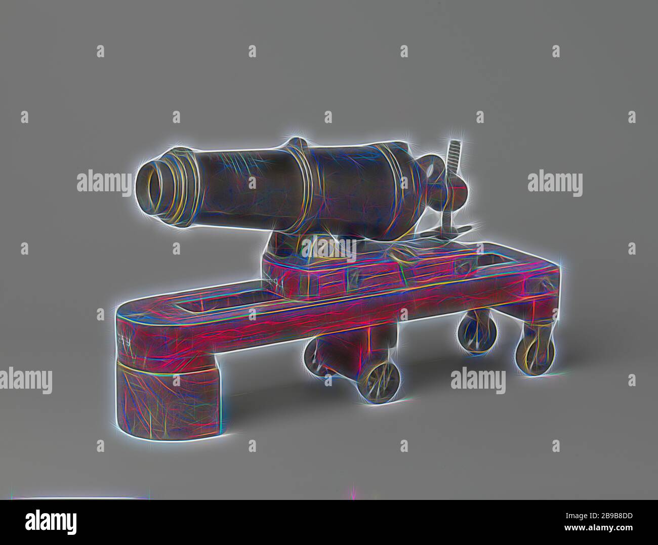 Modello di 30-Pounder Caronnade, Carronade, modello in bronzo, da 30 tt. Con l'iscrizione '30 tt'er ferro modello a sesde parte della vera dimensione 'ulteriormente due ancore incrociate, tra cui' AMM.1800 'e' J.P. Asma'. Su cassa e carrello, su quattro ruote., Jochem Pietersz. Asma, Amsterdam, 1800, bronzo (metallo), legno (materiale vegetale), l 27 cm l 34 cm × w 19 cm × h 20 cm, Reimagined by Gibon, disegno di calda luce allegra di luminosità e raggi luminosi. Arte classica reinventata con un tocco moderno. Fotografia ispirata al futurismo, che abbraccia l'energia dinamica della tecnologia moderna, del movimento Foto Stock