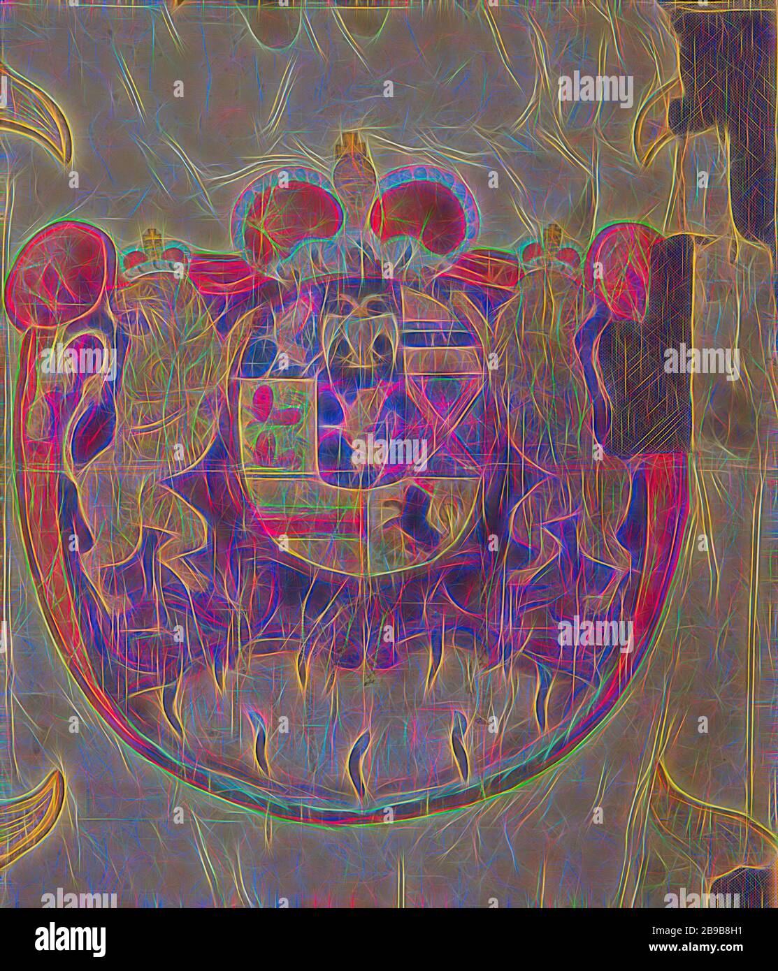 Frammento di bandiera di un colonnello del reggimento Nassau-Weilburg, bandiera in ecru, al centro lo stemma di Nassau in un cartouche simmetrico, coperto da una corona di ermine con un cappuccio rosso e tre bretelle, tenuto da due dorati, guardando intorno leoni con corone di ditto. Il tutto è posto su un mantel rosso fiancheggiato da ermine, il cui centro è fortemente all'ombra dell'arma. Da sotto l'emisfero. Fiamme centrate negli angoli, solo parzialmente trasferite. Paradekant identico, principe di Nassau-Usingen Karel Willem, anonimo, 1758 - 1784, seta, h 96 cm × w 79 cm, Reimagin Foto Stock