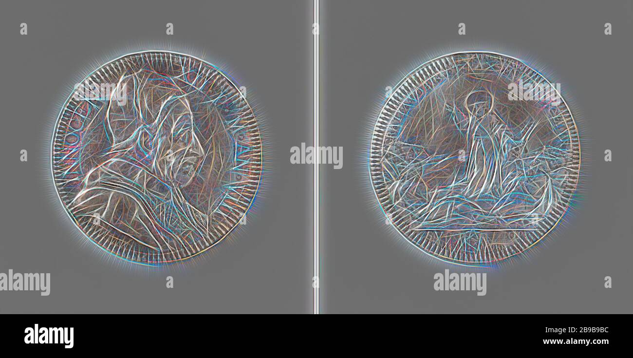 Pace di Rijswijk, in onore di Papa Innocenzo XII, Scudo. Fronte: Busto dell'uomo all'interno. Reverse: Pietro con aureole e le chiavi in mano benedice la gente in stile, tagliato: Iscrizione e stemma., Rijswijk, Innocenzo XII, Ferdinando de Saint-Urbain, Roma, 1698, argento (metallo), impressionante (lavorazione dei metalli), d 4,5 cm × w 31,93 gr, Reimagined by Gibon, disegno di calore allegro di luminosità e raggi di luce radianza. Arte classica reinventata con un tocco moderno. La fotografia ispirata al futurismo, che abbraccia l'energia dinamica della tecnologia moderna, del movimento, della velocità e rivoluziona la cultura. Foto Stock