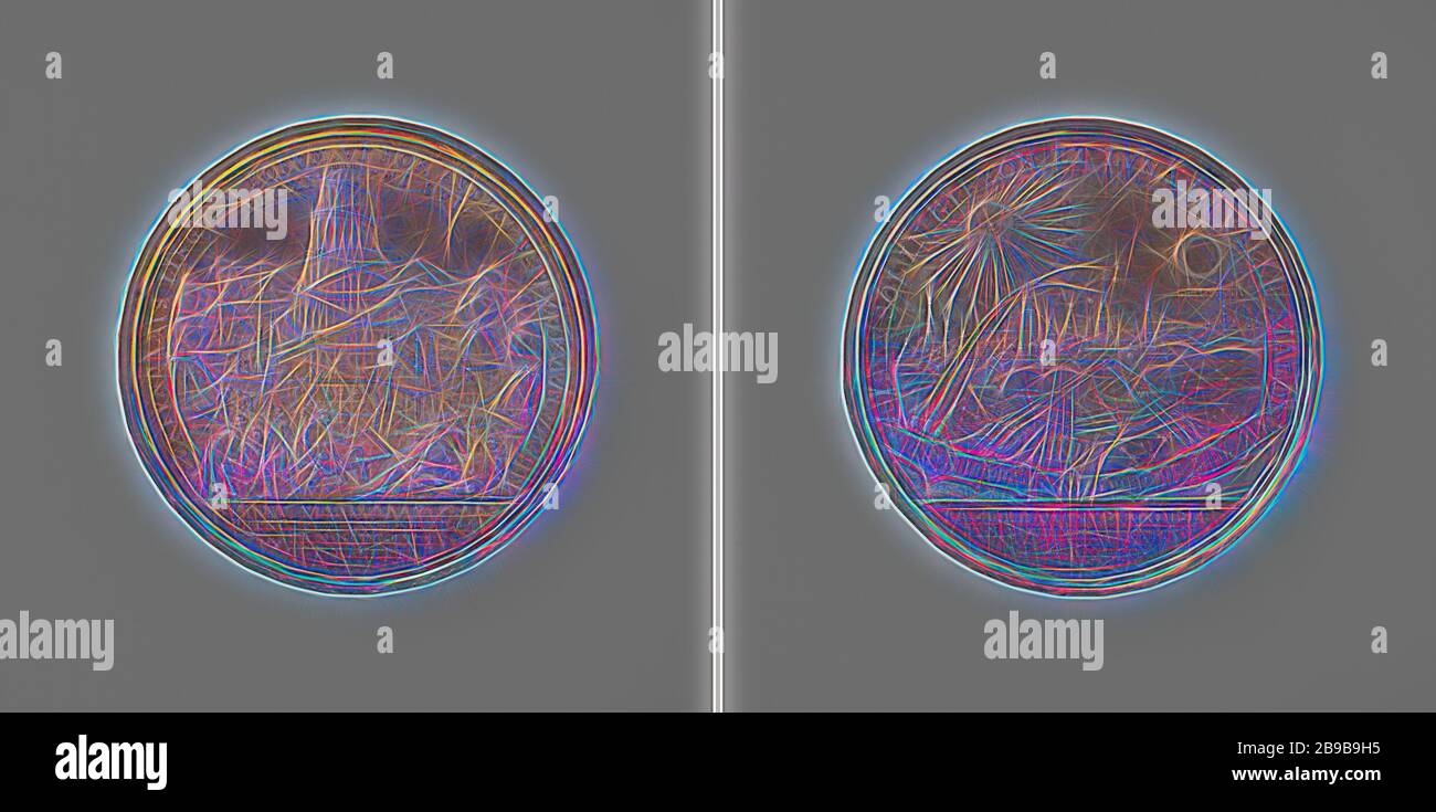 Prendendo la cittadella di Rijssel dagli alleati, medaglia d'argento. Fronte: La costruzione della torre di Babele è impedita dalla confusione del discorso all'interno dell'iscrizione, sopra l'iscrizione. Inverso: Vista di Rijssel e cittadella con sole e luna durante le riprese all'interno dell'iscrizione, sopra l'iscrizione, Kantschrift, Lille, Nord, Anna Stuart (Regina d'Inghilterra e Scozia), Friedrich Kleinert, Neurenberg, 1708, argento (metallo), impressionante (lavorazione dei metalli), d 4,9 cm × w 37,39 gr, Reimagined by Gibon, design di calore allegro di luminosità e raggi di luce radianza. Arte classica reinventata con un moderno Foto Stock
