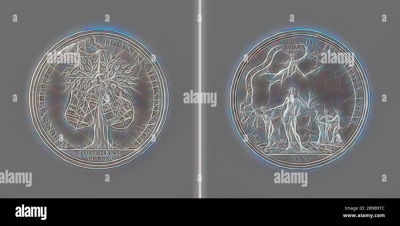 Il matrimonio di Karel Christiaan van Nassau-Weilburg e Carolina, Principessa di Orange-Nassau, medaglia d'argento. Complementare: a mano da nuvole tiene un nastro, con la quale due stemmi appesi in arancio sono legati insieme all'interno di un cerchio del diametro di taglio: data. Retromarcia: Mercurio con cappello alato e il personale mantiene pennant con iscrizione al di sotto di quella Venere, che viene spruzzata da Cupido con fiori dal cestello, sullo sfondo le tre Gratien all'interno circolare, l'Aia, Carolina (Principessa di Oranje-Nassau), Karel Christiaan principe di Nassau-Weilburg, Nicolaas van Swinderen, Amsterdam, 1760, argento (metallo), Foto Stock