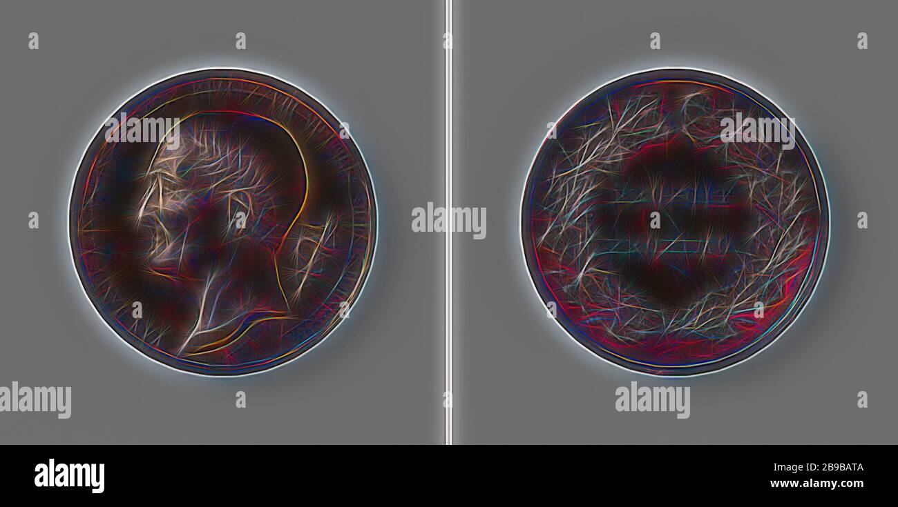 Decesso di J.F.L. van Hende, medico a Bruges, medaglia di bronzo. Fronte: Busto uomo, serpente destro avvolto intorno al club all'interno della circoncrizione. Inverso: Iscrizione all'interno del giuramento di quercia, J.F.L. van de Hende, Franciscus Johannes de Hondt, Bruges, 1822 - 1823, bronzo (metallo), impressionante (metallurgia), d 4 cm × w 33,16 gr, reimmaginata da Gibon, disegno di calore allegro luminoso e luminoso raggi radianza. Arte classica reinventata con un tocco moderno. La fotografia ispirata al futurismo, che abbraccia l'energia dinamica della tecnologia moderna, del movimento, della velocità e rivoluziona la cultura. Foto Stock