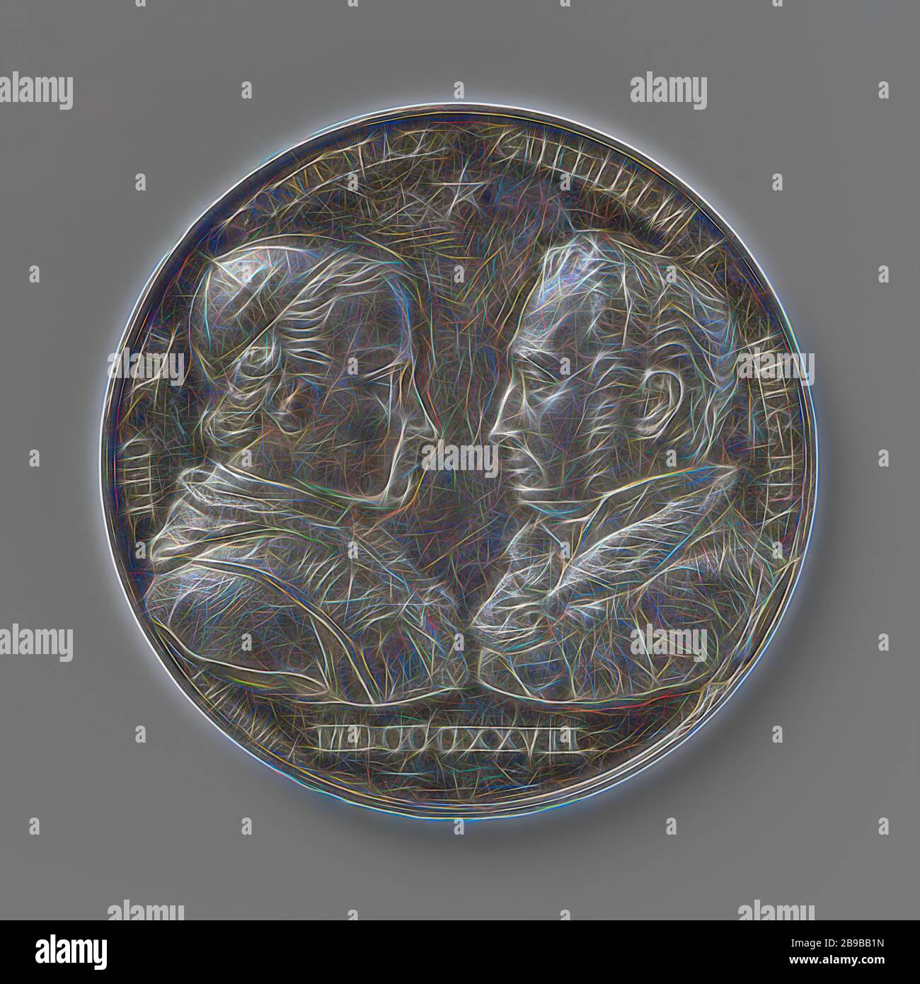 Concordato tra Papa Leone XII e Willem i Frederik, Re dei Paesi Bassi, Medaglia d'argento. Obverse: Fronte petto pezzi di due uomini all'interno di una banda, taglio: Anno. Inverso: Triangolo raggiante con iscrizione in lettere ebraiche tra l'albero arancione e due chiavi incrociate, sopra l'iscrizione all'interno del cerchio di otto mrs., Willem i Frederik (re dei Paesi Bassi), Leo XII, Franciscus Johannes de Hondt, Bruges, 1827, argento (metallo), impressionante (lavorazione dei metalli), d 4.7 cm × w 434 gr, Reinventata da Gibon, design di calda luce allegra di luminosità e raggi di luce radianza. Arte classica reinventata con un moderno tw Foto Stock