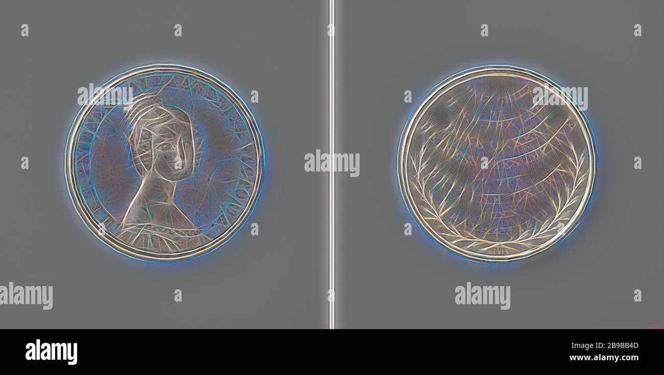 Victoria Alexandrine, futura regina della Gran Bretagna, Penning. Obverse: Busto della donna dentro l'interno. Inverso: Iscrizione sopra due rami di alloro incrociati, Victoria (Regina di Gran Bretagna e Irlanda), Joseph Davis, Birmingham, 1837, lega, impressionante (lavorazione dei metalli), d 4,3 cm × w 27,46 gr, Reimagined by Gibon, disegno di calore allegro di luminosità e raggi di luce radianza. Arte classica reinventata con un tocco moderno. La fotografia ispirata al futurismo, che abbraccia l'energia dinamica della tecnologia moderna, del movimento, della velocità e rivoluziona la cultura. Foto Stock