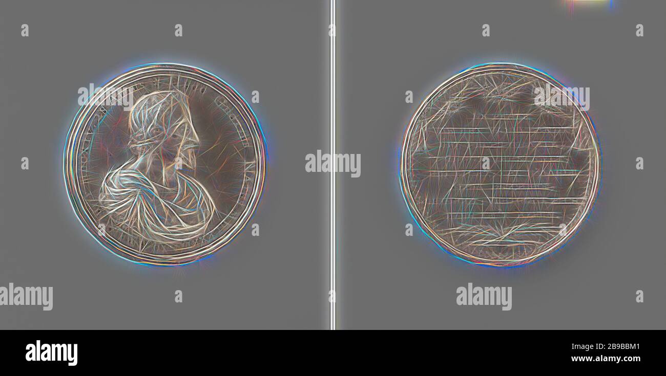Decesso di Hugo de Groot, medaglia d'argento. Fronte: Busto dell'uomo all'interno. Inverso: Iscrizione sotto spray floreali, sopra due percorsi corona di alloro, interno corona, Hugo de Groot, Reynier Arondeaux, Amsterdam, 1681 - 1682, argento (metallo), sorprendente (metallurgia), d 4,9 cm × w 46,20 gr, Reimagined by Gibon, disegno di caldo allegro di luminosità e raggi di luce. Arte classica reinventata con un tocco moderno. La fotografia ispirata al futurismo, che abbraccia l'energia dinamica della tecnologia moderna, del movimento, della velocità e rivoluziona la cultura. Foto Stock