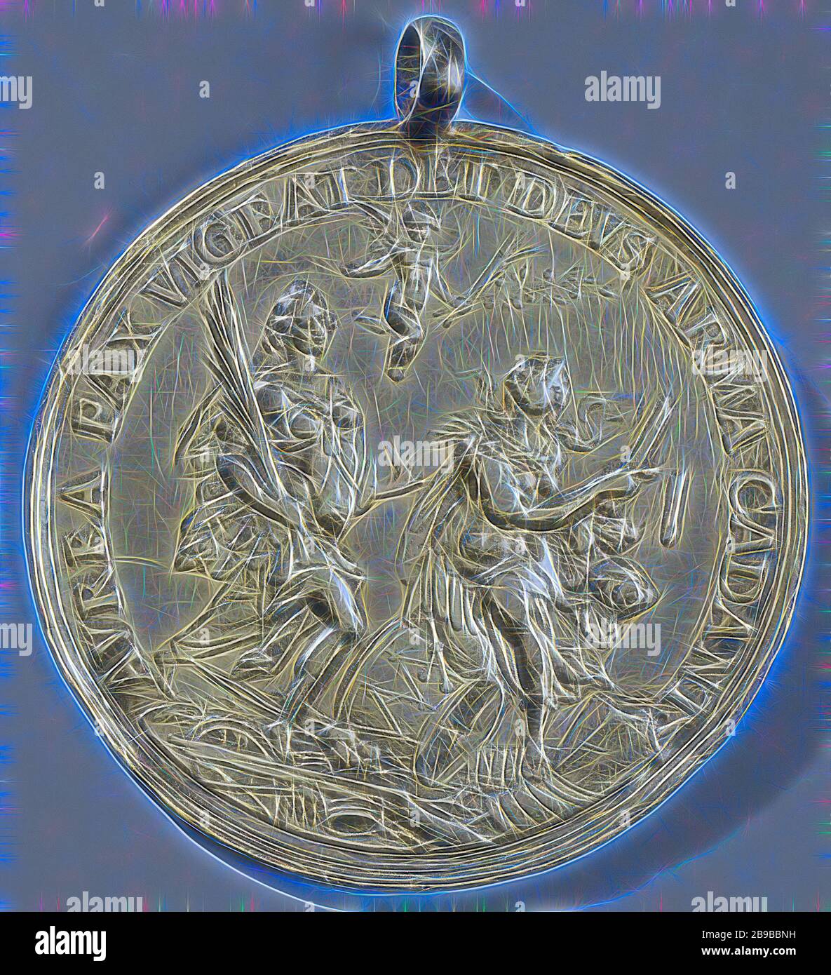 Pace di Munster, medaglia d'argento placcato oro. Obverse: Pace con ramo di vittoria e guerra con armi rotte in piedi su arti marziali sotto angelo con palma e ramo di ulivo all'interno di un cerchio Reverse: La felicità offre una corona a un righello all'interno di un testo a due righe., Münster, Renania Settentrionale-Vestfalia, Sebastian Dadler, Dresda, 1648, argento (metallo), doratura (materiale), doratura, d 6.1 cm × d 5.4 cm × w 28.21 gr, Reimagined by Gibon, design di calore allegro di luminosità e raggi di luce radianza. Arte classica reinventata con un tocco moderno. Fotografia ispirata al futurismo, che abbraccia l'energia dinamica Foto Stock