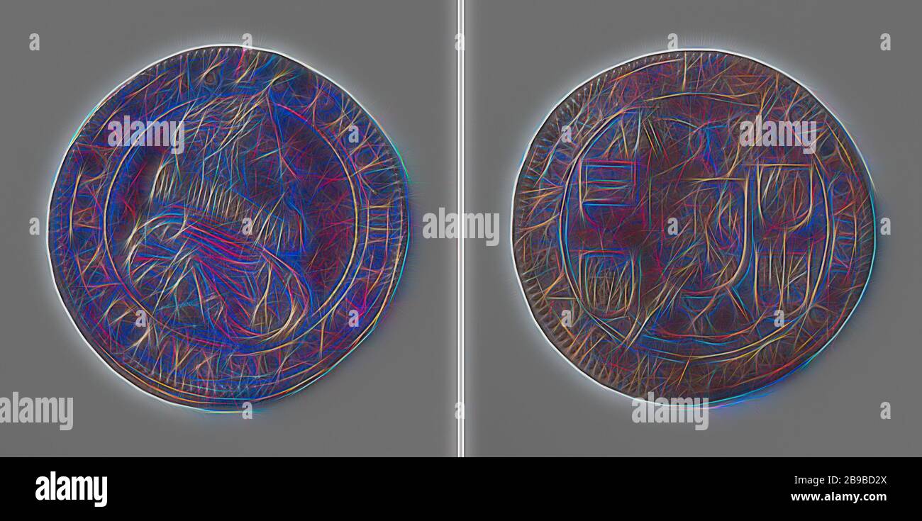 Filippo IV, re di Spagna, contava il gettone per ordine degli stati del Brabante, medaglia d'argento. Fronte: Busto dell'uomo all'interno. Inverso: Stemma su uno staff vescovile attraversato, coronato da un miter, e lancia, coronato da un casco, circondato da quattro stemmi legati al cordone all'interno di un'iscrizione, Brabante, Filippo IV (re di Spagna), stati di Brabante, anonimo, Bruxelles, 1626, argento (metallo), colpisce (lavorazione dei metalli), d 2.9 cm × w 6.17 gr, Reimagined by Gibon, disegno di calda luce allegra di luminosità e di radianza di raggi luminosi. Arte classica reinventata con un tocco moderno. Photograp Foto Stock