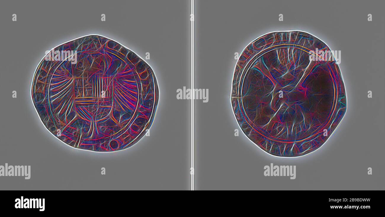 Carlo V, imperatore tedesco, medaglia di conteggio del Tribunale dell'Imperatore, medaglia di rame. Fronte: Aquila a doppia testa sotto la corona con uno stemma all'interno di un'iscrizione. Reverse: Sparando su cui Gulden Vlies pende sulla croce borgognona sotto l'anno entro un circumscription, Carlo V d'Asburgo (imperatore tedesco e re di Spagna), anonimo, 1516 - 1540, rame (metallo), impressionante (lavorazione dei metalli), d 2.8 cm × w 2.58 gr, reimmaginata da Gibon, design di calore allegro di luminosità e raggi di luce radianza. Arte classica reinventata con un tocco moderno. Fotografia ispirata al futurismo, abbracciando il dy Foto Stock