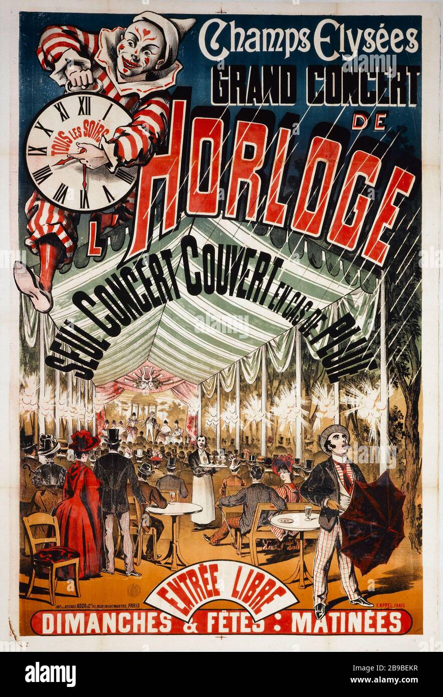 GRAND CONCERT OROLOGIO, DOMENICA e FESTIVI: MATINEES Imprimerie Ador et Cie ou Imprimerie de l'Affichage Ador. "Grand Concert de l'Horloge, Dimanches & Fêtes: Matinées". Affiche. Lithographie couleur. Parigi, musée Carnavalet. Foto Stock