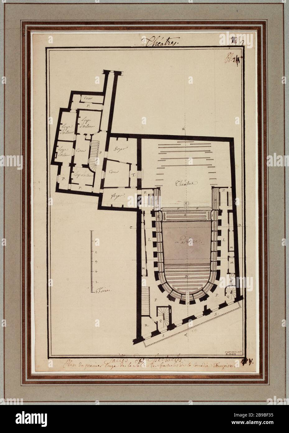 PIANO FASE I DELLA VECCHIA SALA DELLA COMMEDIA-FRANCESE DUMONT. "Plan du 1er étage de l'ancienne salle de la Comédie-Française". Dessin. Parigi, musée Carnavalet. Foto Stock