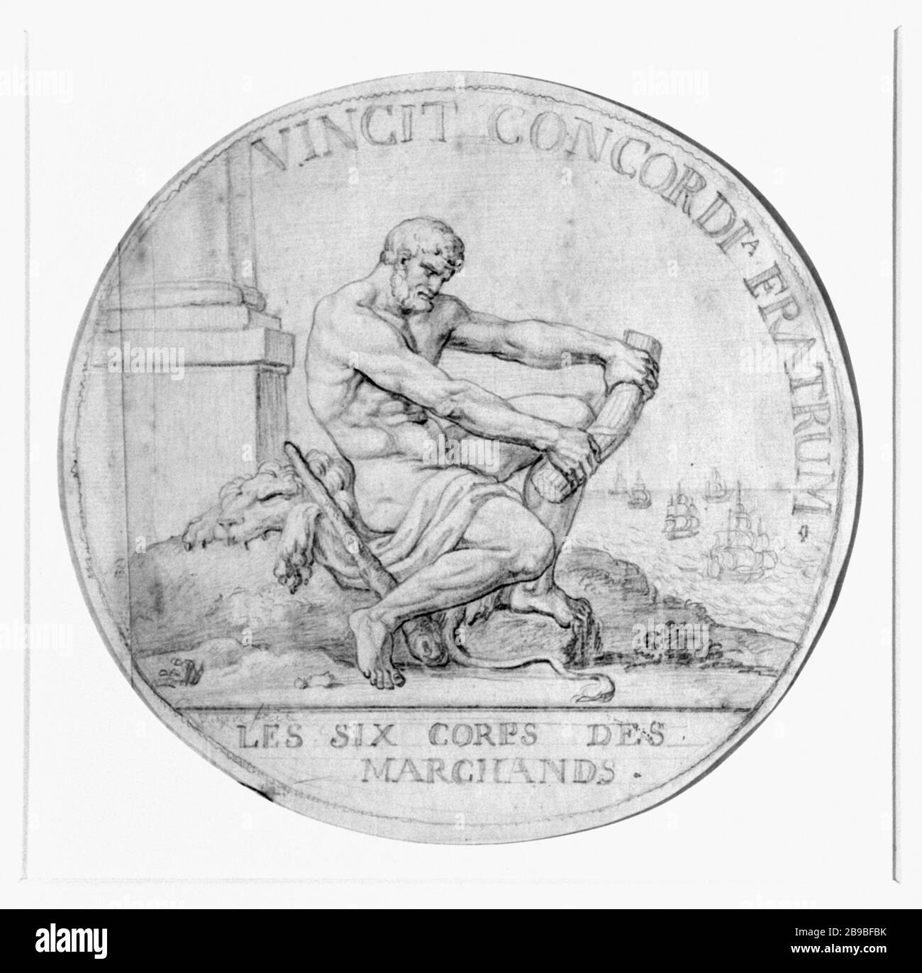 PROGETTO VALUTARIO 'I SEI CORPI DEI COMMERCIANTI (1788) AUGUSTIN DUPRÉ (1748-1833). Projet de monnaie "Les Six Corps de marchands (1788)". Document de cabinet d'Arts graphhiques. Mine de plomb sur papier vergé filigrané. Parigi, musée Carnavalet. Foto Stock