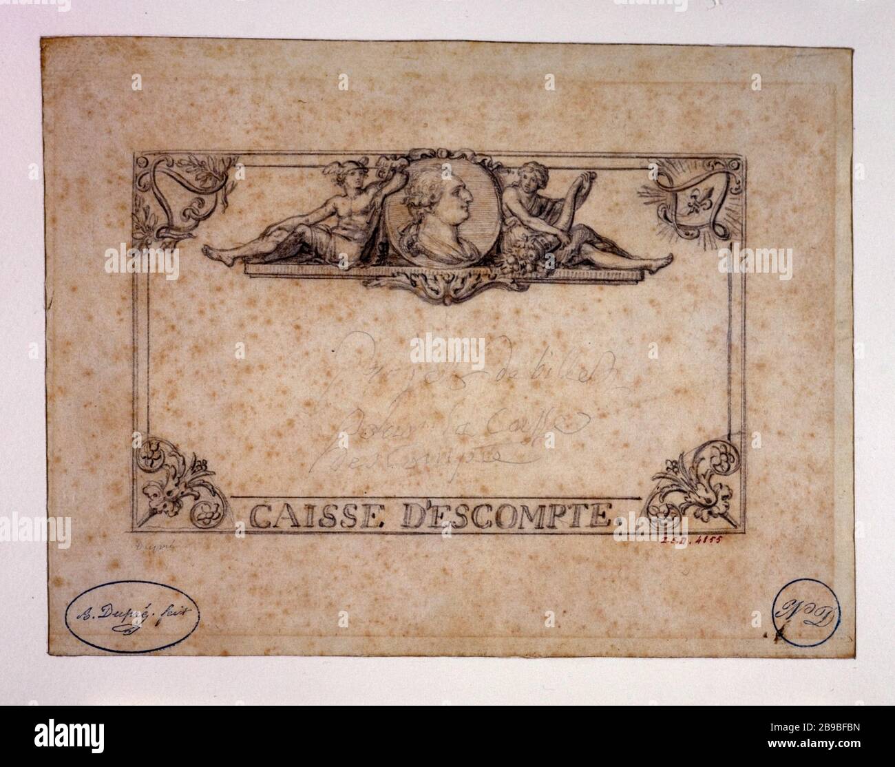 PROGETTO PER BIGLIETTO SCONTO IN CONTANTI Augustin Dupré (1748-1833). Projet de billet pour la caisse d'escompte. Document de cabinet d'Arts graphhiques. Mine de plomb, entre 1791 et 1803. Parigi, musée Carnavalet. Foto Stock