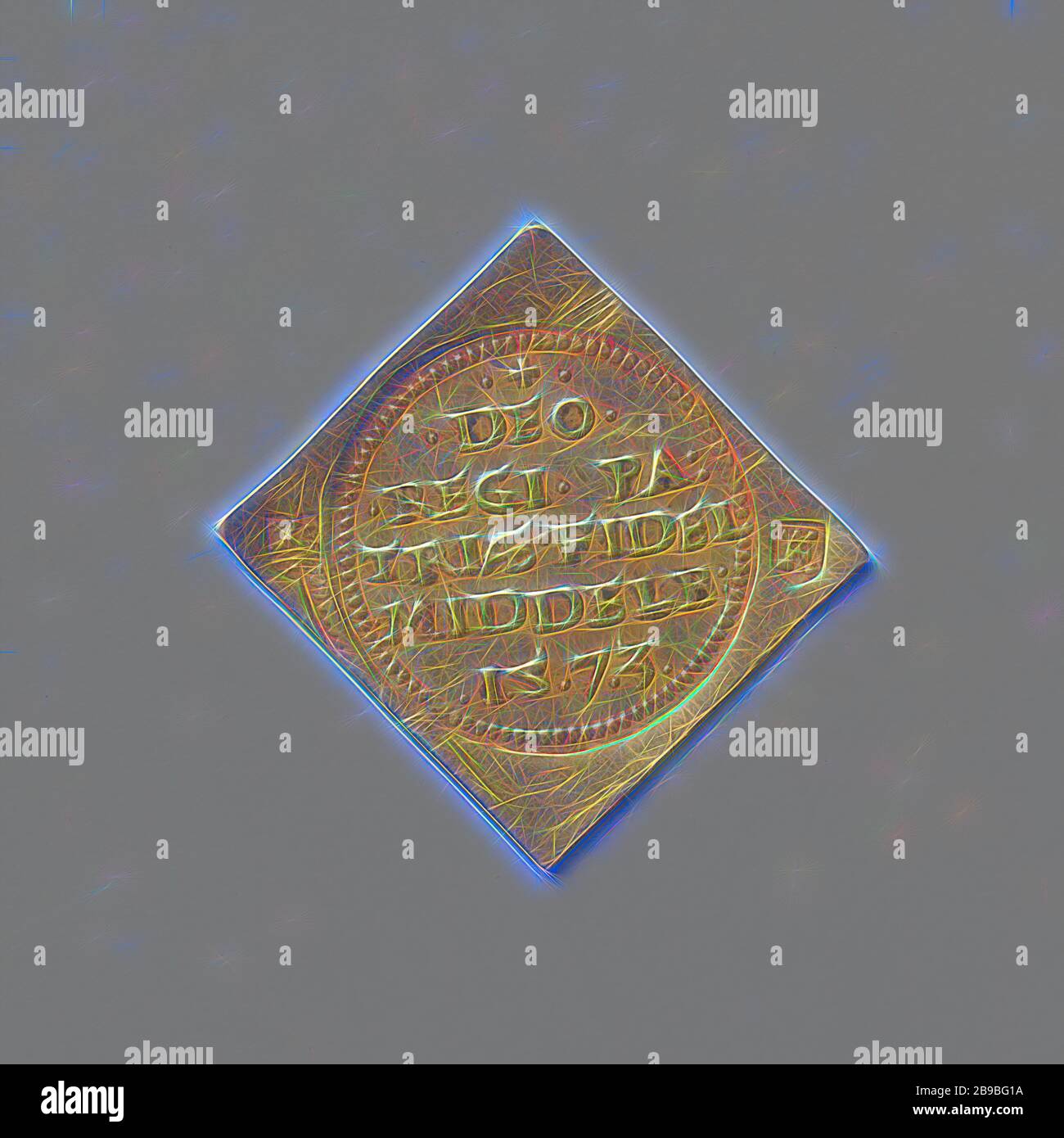 Assedio di Middelburg, moneta di emergenza a forma di diamante. Fronte: Tre francobolli l'uno accanto all'altro: Al centro: Iscrizione in bordo di perla rotonda, stemma di Stato sinistro, destra: Stemma della città. Indietro: Bianco, Middelburg, anonimo, 20-Jan-1574, oro (metallo), sorprendente (metallurgia), h 2,7 cm × w 2,7 cm × w 3,34 gr, Reimagined by Gibon, disegno di calore allegro di luminosità e raggi di luce radianza. Arte classica reinventata con un tocco moderno. La fotografia ispirata al futurismo, che abbraccia l'energia dinamica della tecnologia moderna, del movimento, della velocità e rivoluziona la cultura. Foto Stock