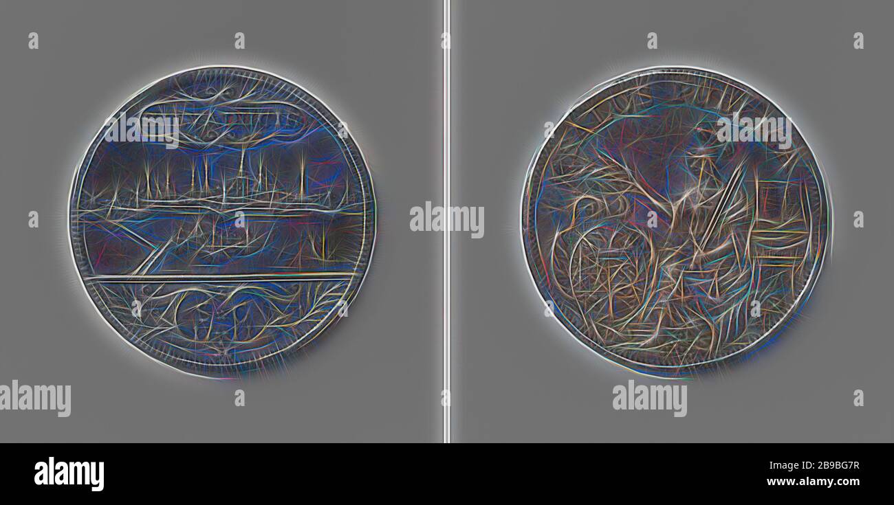 Token strumento dalla città di 's-Hertogenbosch, medaglia d'argento. Anteriore: Vista della città dal lato sud, iscrizione nel cartiglio di lofwerk, in primo piano: San Antonieschans e la strada, destra: barca, taglio: monogramma di lettere S E C al di sopra di anno in cartiglio ornato con ramoscelli. Retromarcia: seduto giustizia con il casco in testa e la spada e bilancia in mano sinistra tiene corona di alloro con la mano destra sopra lo stemma nel cartiglio, dietro di lei: libro aperto, in piedi sul altare ai piedi di lei: ripiene corno dell'abbondanza entro un cerchio, 's-Hertogenbosch, Theodorus Casparus van Berckel, s Hertogenbosch Foto Stock