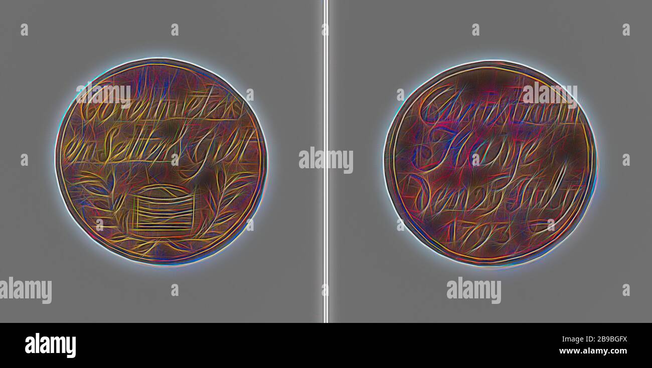 Granoturco-metri e la corporazione dei setters di Amsterdam, gettone della gilda di Christiaan Haye, gettone del Messing. Fronte: Bushel, in cui arco si stende, appoggiato su due rami di alloro incrociati con iscrizione. Inverso: Iscrizione, Amsterdam, Christiaan Haye, anonimo, 1793, ottone (lega), incisione, d 3.5 cm × w 6.23 gr, Reimagined by Gibon, disegno di calore allegro di luminosità e raggi di luce radianza. Arte classica reinventata con un tocco moderno. La fotografia ispirata al futurismo, che abbraccia l'energia dinamica della tecnologia moderna, del movimento, della velocità e rivoluziona la cultura. Foto Stock