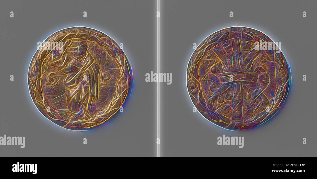 Gilda spazzatrice spada, Medaglia d'Arte con n° 45, Medaglia d'Ottone. Anteriore: Peter con i tasti in alto a destra tra le lettere S e P all'interno di una spirale. Reverse: Corona con tre spade sotto l'iscrizione, fiancheggiata dai numeri 4 e 5 sopra l'anno all'interno di un rotolo., anonimo, 1647, ottone (lega), incisione, d 3.9 cm × w 16.97 gr, Reimagined by Gibon, disegno di calore allegro di luminosità e raggi di luce radianza. Arte classica reinventata con un tocco moderno. La fotografia ispirata al futurismo, che abbraccia l'energia dinamica della tecnologia moderna, del movimento, della velocità e rivoluziona la cultura. Foto Stock