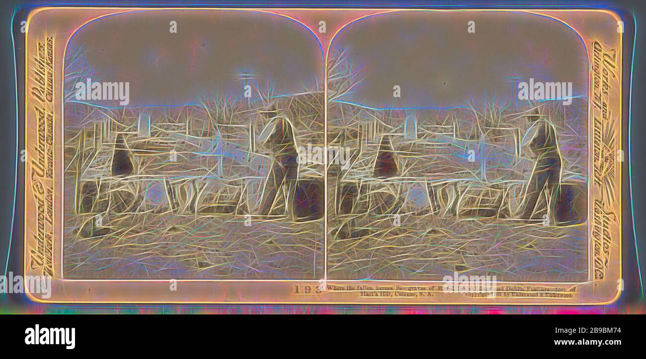 Vista delle tombe di guerra dei soldati britannici della seconda guerra di Boer in Sud Africa, dove gli eroi caduti giacciono - tombe di Royal, Inniskillings e Dublin Fusiliers - piede di Hart's Hill, Colenso, S.A. (titolo su oggetto), tomba, tomba, Sud Africa, AfriUnderwood e Underwood (menzionato su oggetto), Zuid-ka, 1901, Carta fotografica, cartone, stampa albume, h 88 mm × w 178 mm, reimmaginata da Gibon, disegno di calore allegro di luminosità e raggi di luce radianza. Arte classica reinventata con un tocco moderno. Fotografia ispirata al futurismo, che abbraccia l'energia dinamica della tecnologia moderna, movem Foto Stock
