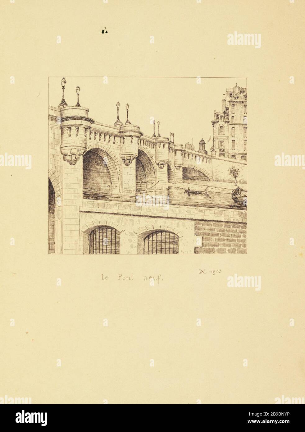 [Vecchia Parigi] il Pont Neuf, 1903 Henri Chapelle (1850-1925), dessinateur français. Le Vieux Paris. Le Pont Neuf. Pennacchio, encre de chine. Coppie (fra.), 1903. Parigi, musée Carnavalet. Foto Stock