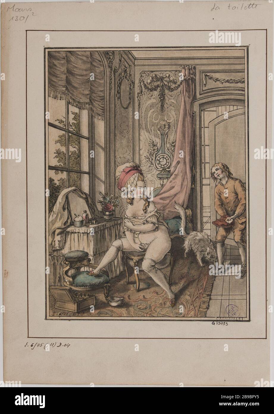 Igiene personale Anonyme. 'La toilette intime'. Gravure aquarellée. Parigi, musée Carnavalet. Foto Stock