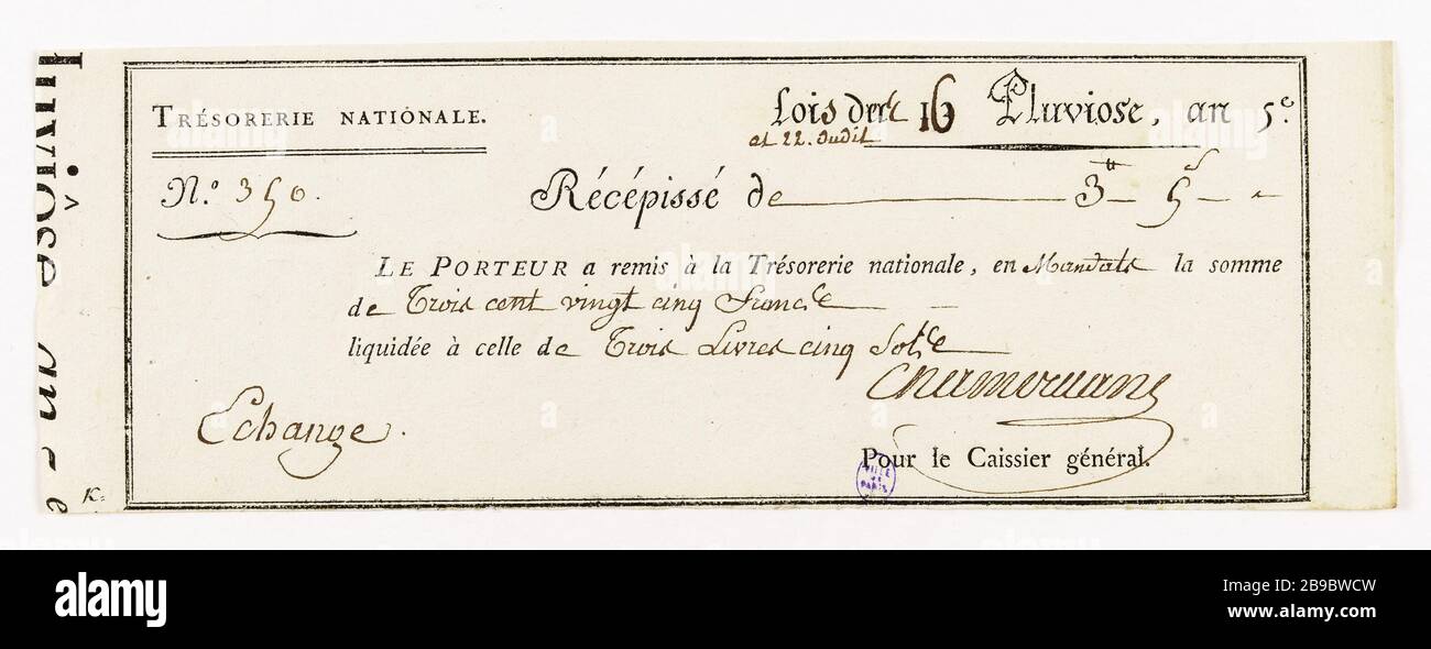 Liquidazione dei warrant, libretti di ricevimento 3 e 5 piani, n° 350, 16 & 22 anno Pluvioso 5. Anonyme. Liquidation des mandats, récépissé de 3 livres et 5 sols, n° 350, 16 & 22 Pluviôse an 5. Typographie, encré. Parigi, musée Carnavalet. Foto Stock