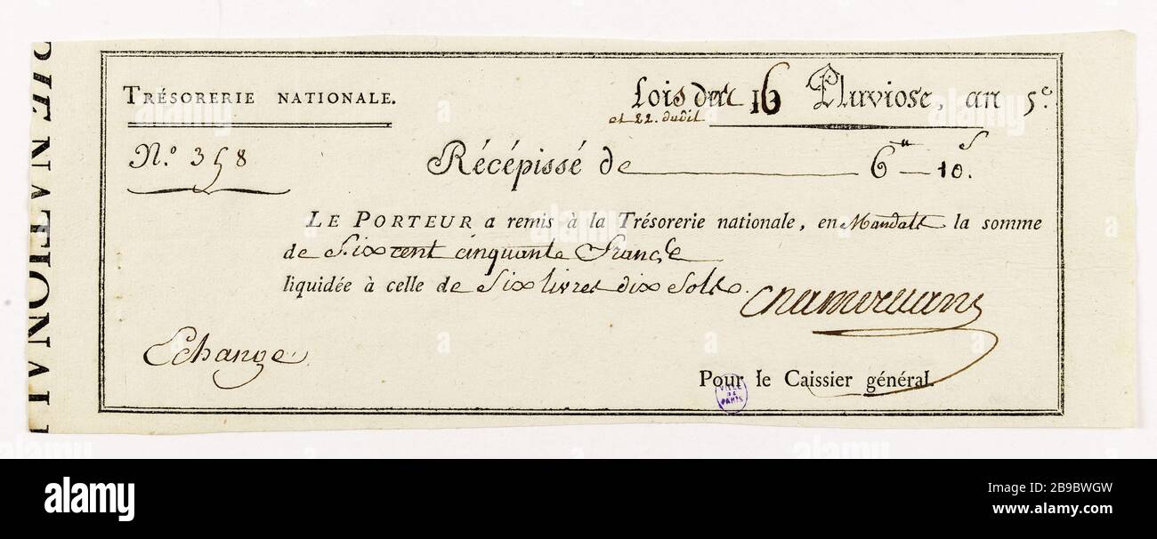 Liquidazione dei warrant, libretti di ricevimento 6 e 10 piani, n° 358, 16 & 22 anno Pluvioso 5. Anonyme. Liquidation des mandats, récépissé de 6 livres et 10 sols, n° 358, 16 & 22 Pluviôse an 5. Typographie, Encre, 1796. Parigi, musée Carnavalet. Foto Stock