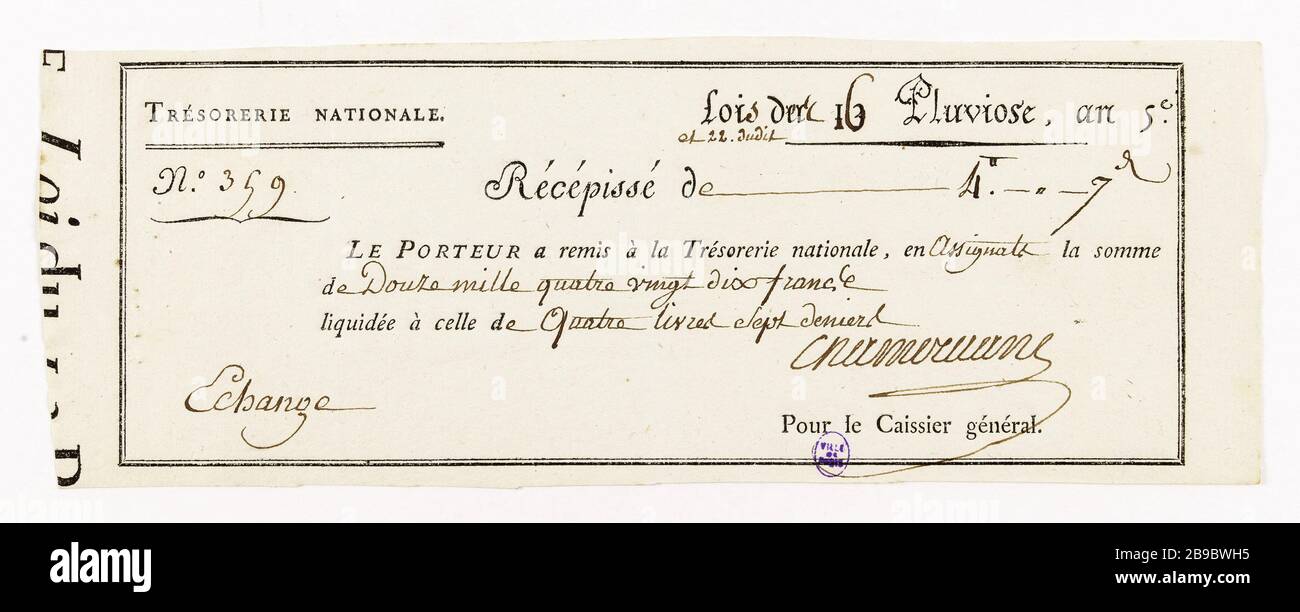 Liquidazione dei warrant, libretti di ricevimento 4 e 7 denari, n° 359, 16 & 22 Pluviose anno 5. Anonyme. Liquidation des mandats, récépissé de 4 livres et 7 deniers, n° 359, 16 & 22 Pluviôse an 5. Typographie, encré. Parigi, musée Carnavalet. Foto Stock