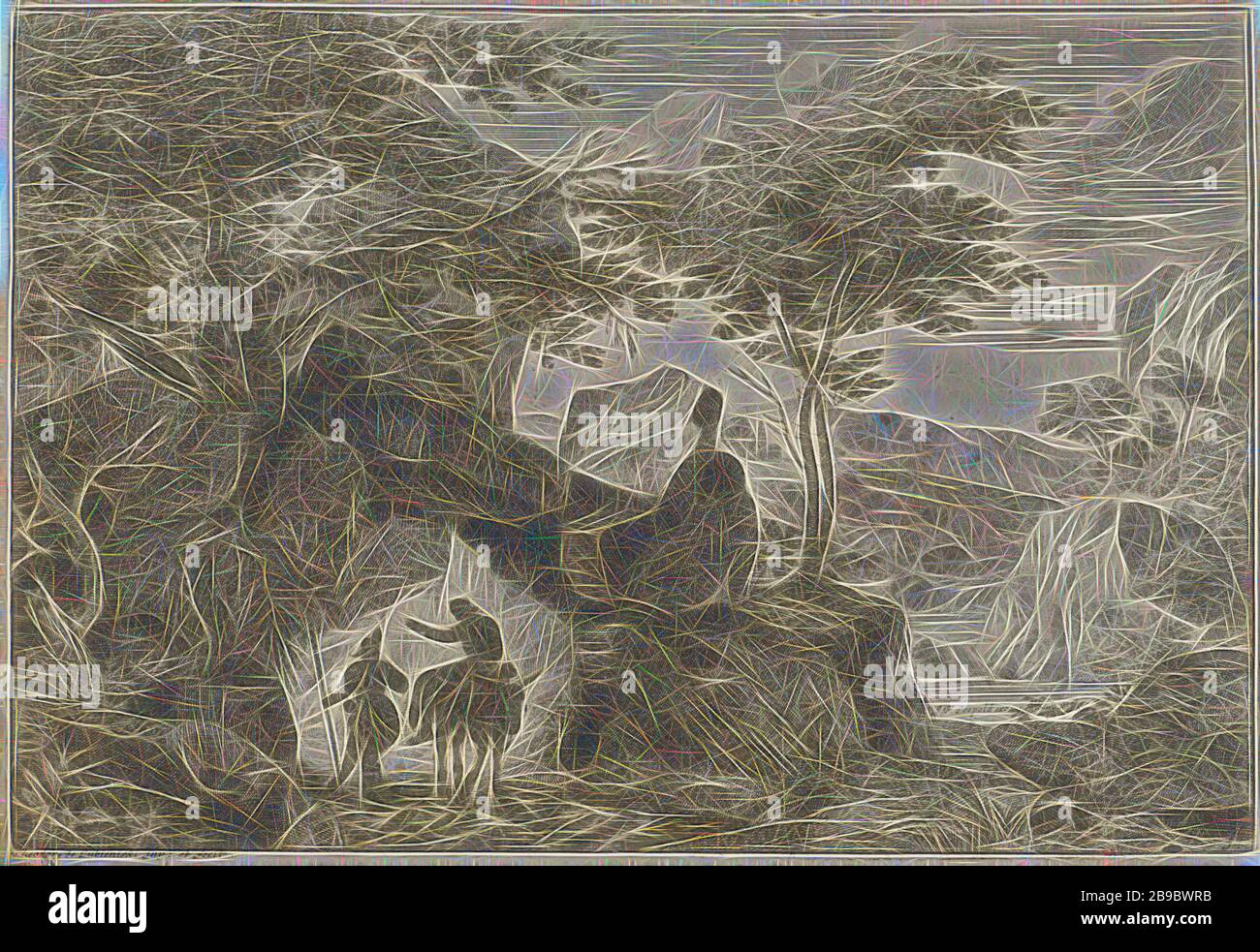 Paesaggio montano con due figure, paesaggio montano con un camminatore e una figura su un asino. Stampa numerata in basso a destra: 1, montagne, mulo, Lubienitzki Theodor (menzionato sull'oggetto), 1678 - 1726, carta, incisione, h 207 mm × w 303 mm, Reimagined by Gibon, disegno di calore allegro di luminosità e raggi di luce radianza. Arte classica reinventata con un tocco moderno. La fotografia ispirata al futurismo, che abbraccia l'energia dinamica della tecnologia moderna, del movimento, della velocità e rivoluziona la cultura. Foto Stock