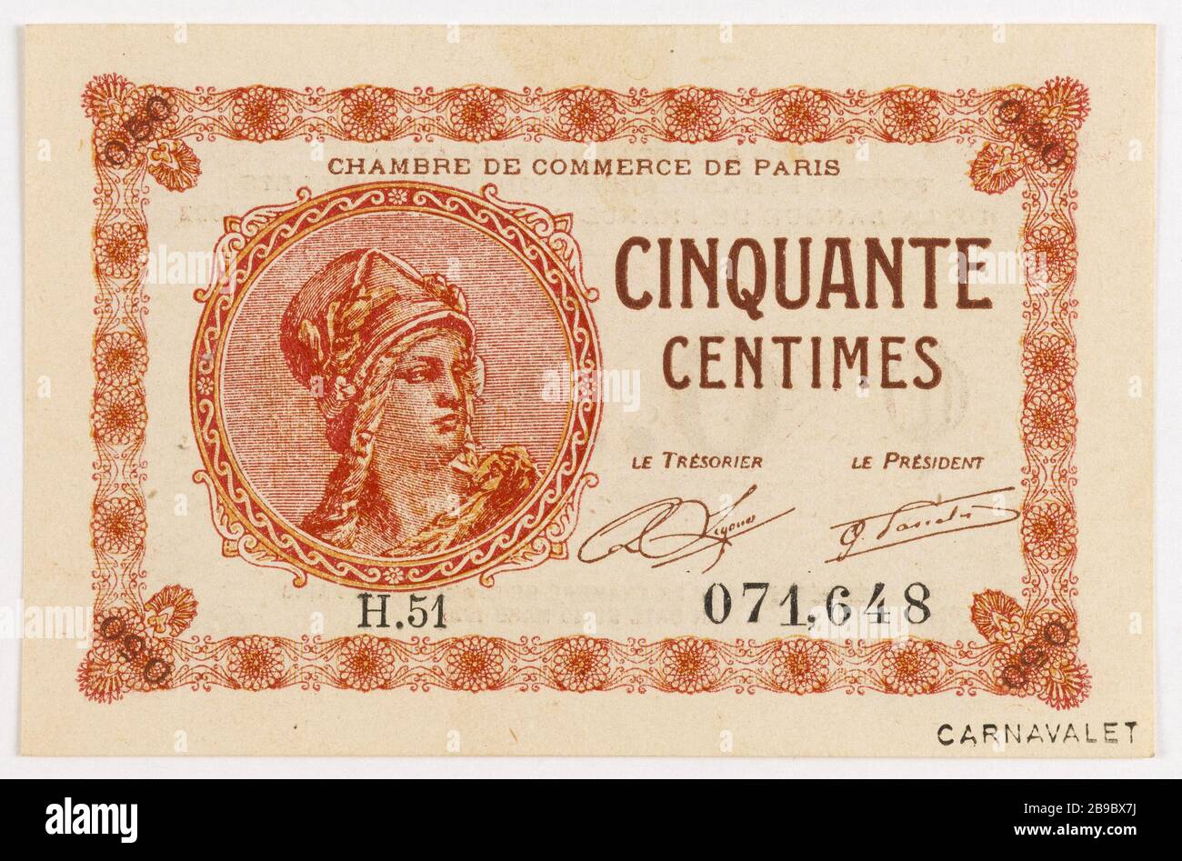 Biglietto 50 centesimi della Camera di Commercio di Parigi, 1 ° tipo, H.51, 071.648, 10 marzo 1920. Anonyme. Billet de 50 centimes de la chambre de commerce de Paris, 1er type, H.51, 071,648, 10 Mars 1920. Typographie (tonnellate di rughe). Parigi, musée Carnavalet. Foto Stock