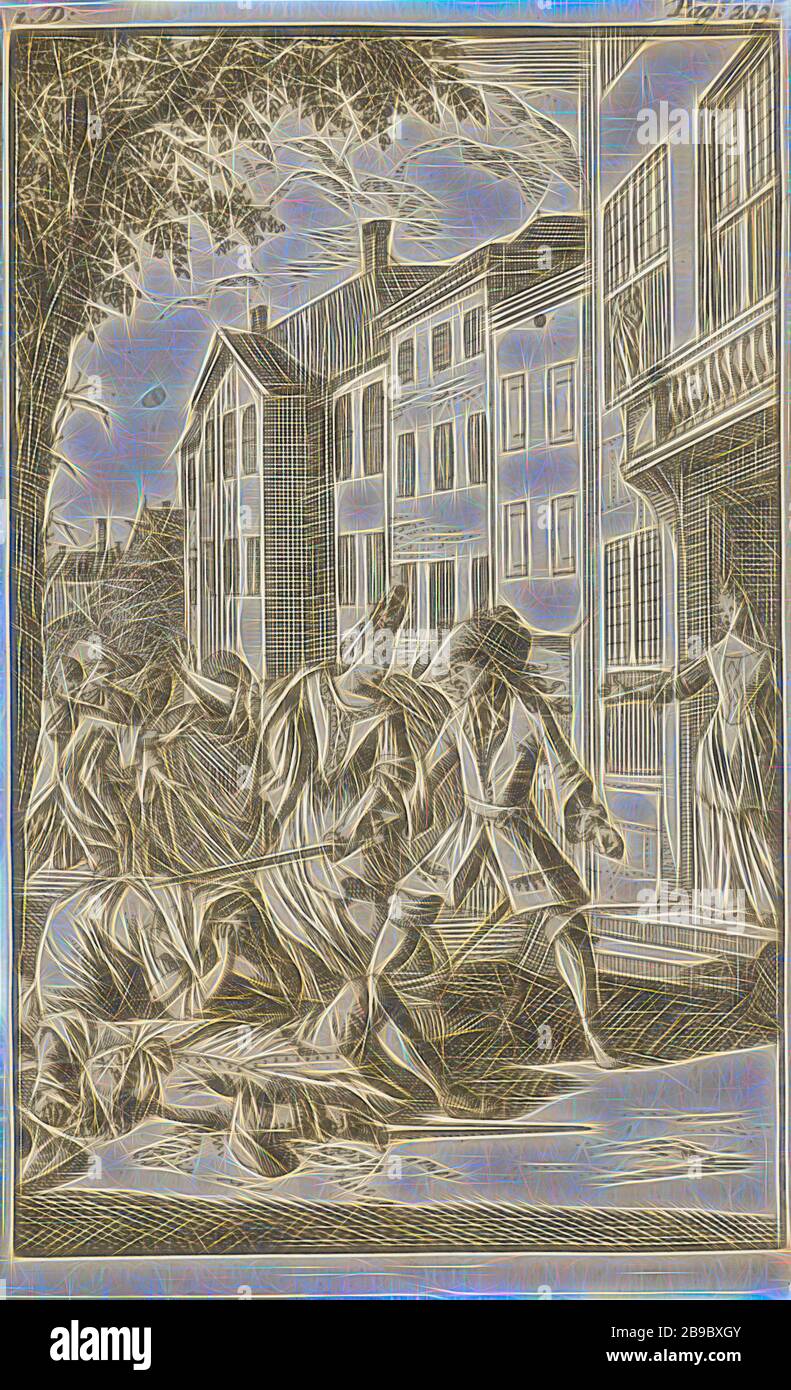 Mirandor uccide il fratello di Isabella in una doppia battaglia, segnata a sinistra e a destra: Segna a sinistra e a destra: I. D: - pagina: 203, morte violenta di spada, Caspar Luyken, Amsterdam, 1695, carta, incisione, h 142 mm × w 87 mm, Reimagined by Gibon, disegno di calore allegro luce di luminosità e raggi di luce radianza. Arte classica reinventata con un tocco moderno. La fotografia ispirata al futurismo, che abbraccia l'energia dinamica della tecnologia moderna, del movimento, della velocità e rivoluziona la cultura. Foto Stock