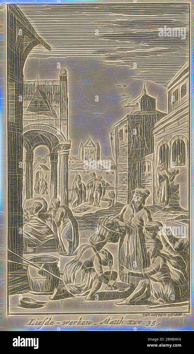 Le cinque vergini sagge fanno carità opere di carità ventiquattro scene del nuovo Testamento (titolo della serie), le vergini sagge e stolte, parabola di Cristo (Matteo 25: 1- 13), anonimo, 1720, carta, attacco, h 123 mm × w 72 mm, reimmaginata da Gibon, disegno di calore allegro di luminosità e raggi di luce radianza. Arte classica reinventata con un tocco moderno. La fotografia ispirata al futurismo, che abbraccia l'energia dinamica della tecnologia moderna, del movimento, della velocità e rivoluziona la cultura. Foto Stock
