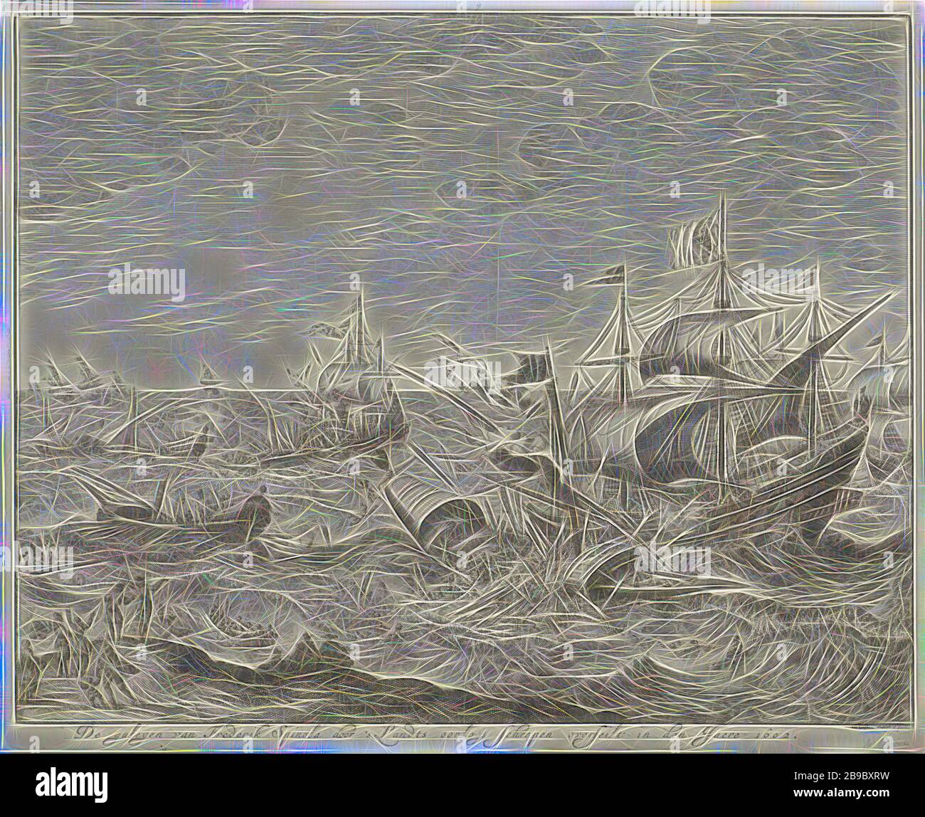 Distruzione delle galee spagnole al largo delle coste fiamminghe, 1602 Il galeyen di Frederik Spinola dal Land di navi da guerra overse nel Jaere 1602 (titolo in oggetto), galere spagnole nel canale al largo delle coste fiamminghe dalla flotta di stato sotto il vice-ammiraglio Jacob van Duivenvoorde, signore di Obdam, 3 ottobre 1602. La battaglia del mare guardato dagli spettatori dalla costa, battaglia (forza navale), guerra, affari militari (remava navi, ad es .: cucina), trireme, cucina, canale inglese, Jacob van Duivenvoorde, Federico Spinola, Jan Luyken (menzionato in oggetto), Amsterdam, 1681, carta, attacco, h 277 mm × W 340 m Foto Stock