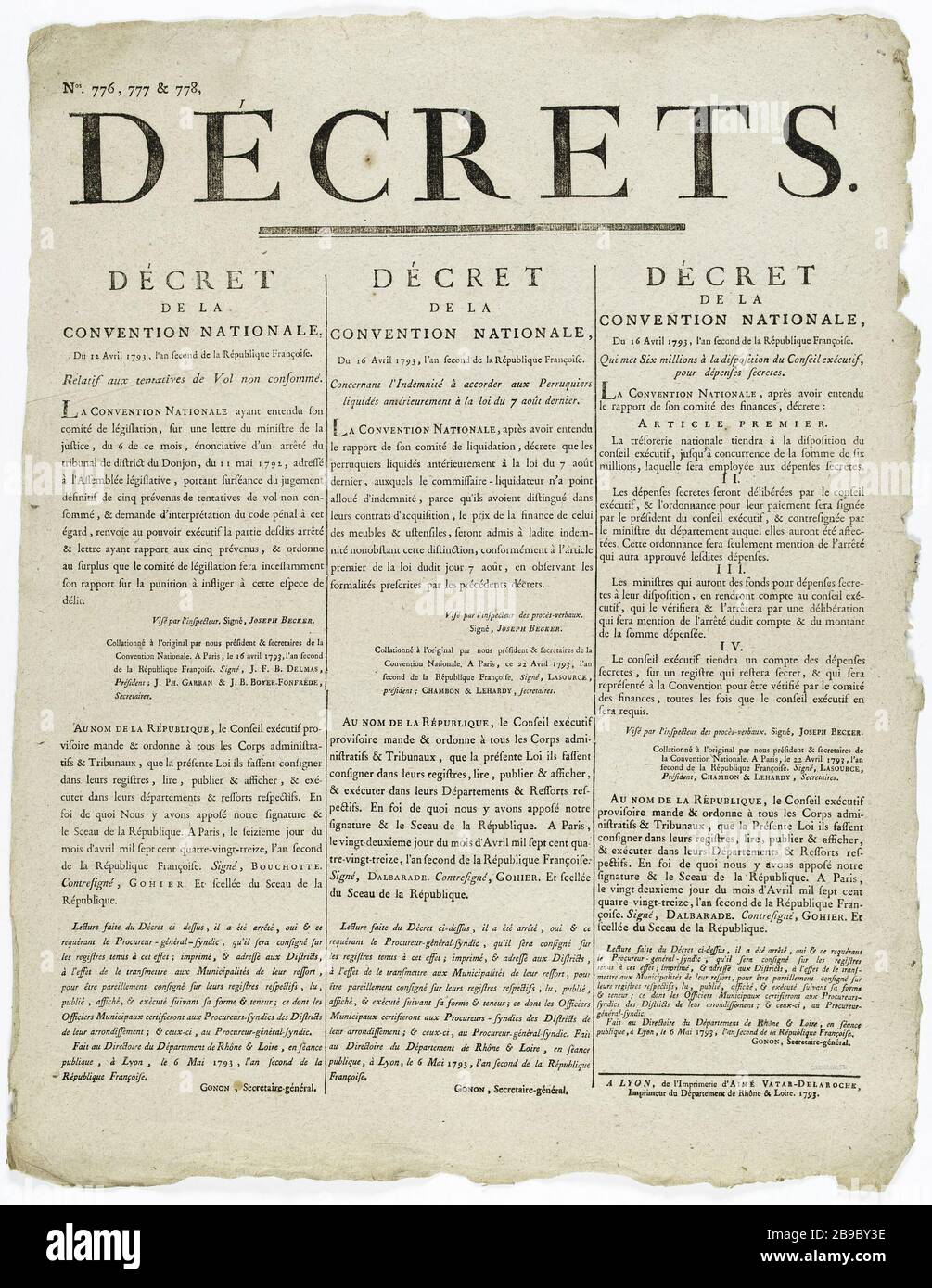 No.. 776, 777 e 778, DECRETO DELLA CONVENZIONE NAZIONALE del 12 aprile 1793, secondo anno della Repubblica francese. Su tentativi volo non consumato. N°. 776, 777 e 778, Décrets. Décret de la Convention nationale relatif aux tentatives de Vol non consommé. Typographie, 1793. Parigi, musée Carnavalet. Foto Stock
