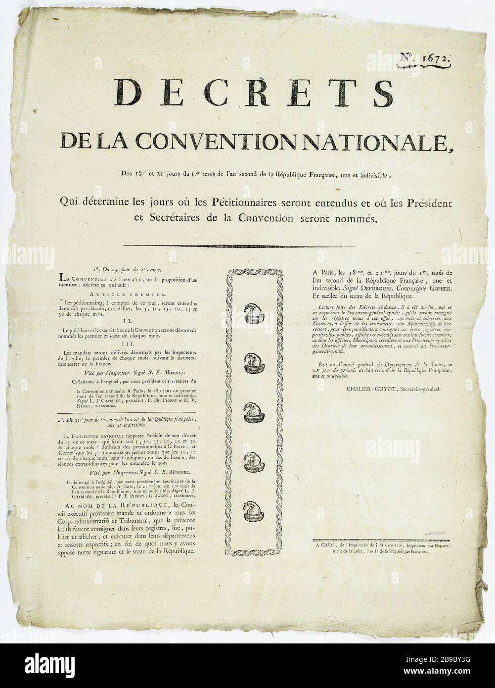 No.. 1672. DECRETO DELLA CONVENZIONE NAZIONALE il 15° e 21° giorno del primo mese del secondo anno della Repubblica francese, uno e indivisibile, che determina i giorni in cui i firmatari saranno ascoltati e dove saranno nominati il Presidente e il Segretario della Convenzione. Le où de la Convention nationale qui détermine les jours où les pétitionnaires seront entendus et   les Président et Secrétaires de la Convention seront nommés. Gravure sur bois et typicraphie, 1793. Parigi, musée Carnavalet. Foto Stock