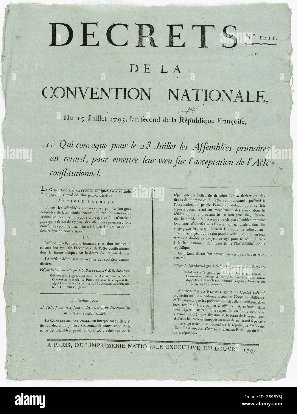 No.. 1211. DECRETO DELLA CONVENZIONE NAZIONALE del 19 luglio 1793, secondo anno della Repubblica francese, i°. Chi convoca per il luglio 28 le Assemblee primarie in ritardo per inviare i loro desideri per l'accettazione dell'atto costituzionale. N°. 1211. Décrets de la Convention nationale qui convoque pour le 28 Juillet les Assemblées primaire en retard, pour émettre leur vœux sur l'acceptation de l'Acte constitutionnel. Gravure sur bois et typographie sur papier gris, 1793. Parigi, musée Carnavalet. Foto Stock