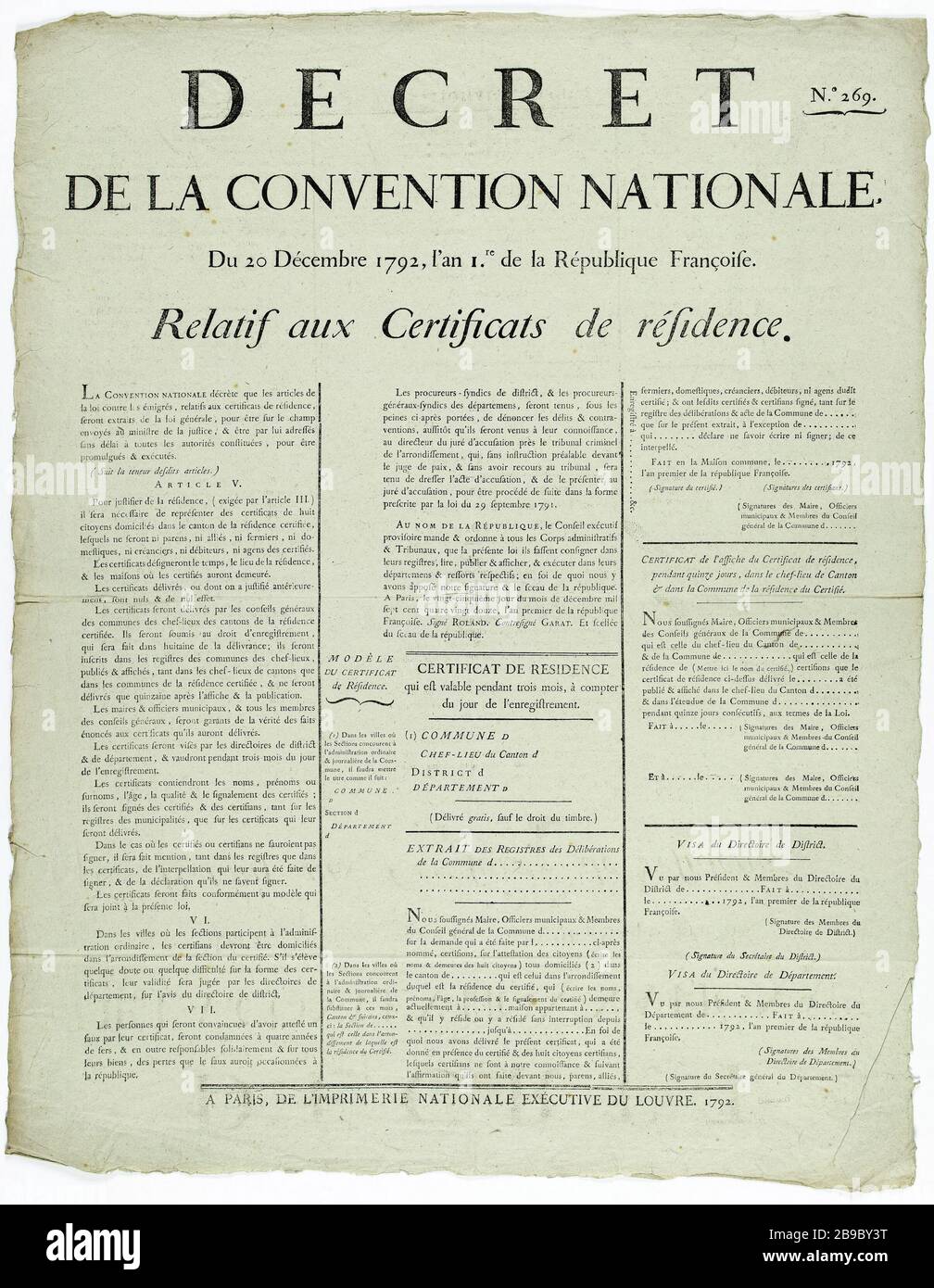 No.. 269. DECRETO DELLA CONVENZIONE NAZIONALE del 20 dicembre 1792, anno IRE. [SIC] della Repubblica francese [sic] relativa ai certificati di soggiorno. N°. 269. Décret de la Convention nationale relatif aux Certificats de résidence. Typographie, 1792. Parigi, musée Carnavalet. Foto Stock