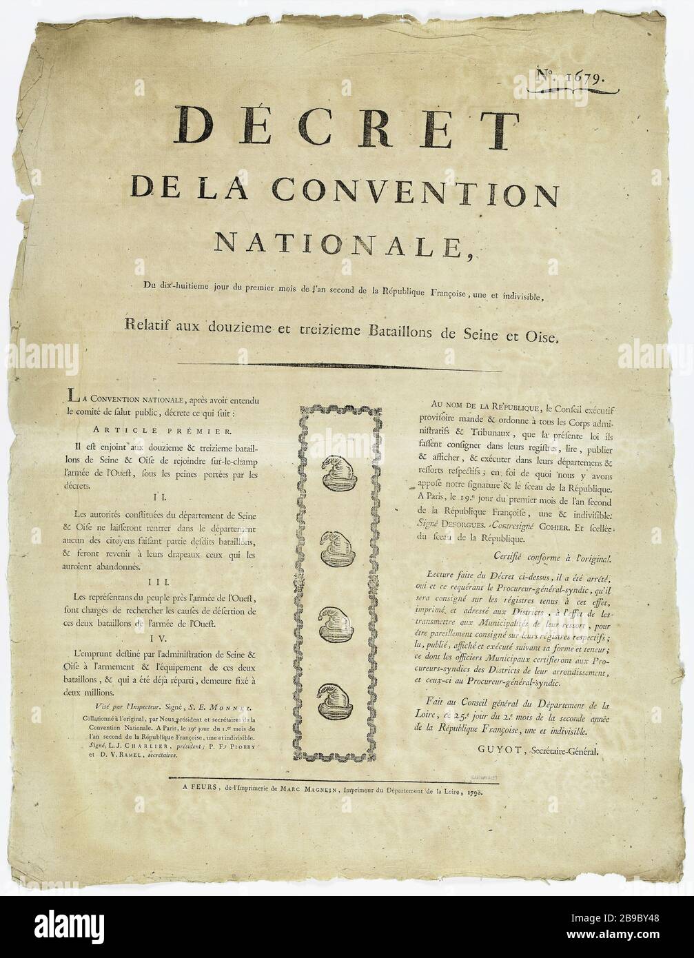 No.. 1679. DECRETO DELLA CONVENZIONE NAZIONALE del diciottesimo [sic] del primo mese del secondo anno della Repubblica Françoise [sic], uno e indivisibile, relativo al dodicesimo [sic] e tredicesimo [sic] battaglioni Seine e Oise. N°. 1679. Décret de la Convention nationale relatif aux douzième et treizième [sic] Bataillons de Seine et Oise. Gravure sur bois et typicraphie, 1793. Parigi, musée Carnavalet. Foto Stock