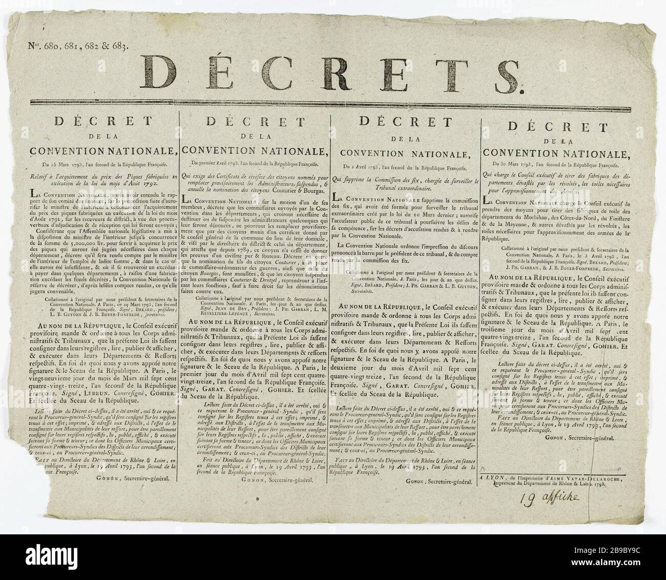 No.. 680, 681, 682 e 683. DECRETI. DECRETO DELLA CONVENZIONE NAZIONALE del 25 marzo 1793, secondo anno della Repubblica francese. Sul pagamento dei prezzi Pikes effettuati in applicazione del mese di agosto 1792. N°. 680, 681, 682 e 683. Décret de la Convention nationale relatif à l'acquittement du prix des Piques fabriquées en exécution de la loi du mois d'Août 1792. Typographie, 1793. Parigi, musée Carnavalet. Foto Stock