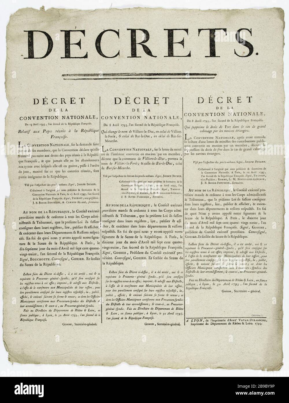 DECRETI. DECRETO DELLA CONVENZIONE NAZIONALE del 13 aprile 1793, secondo anno della Repubblica francese. Sul Paese raccolto nella Repubblica francese [sic]. Décret de la Convention nationale relatif aux Pays réunis à la République Française. Typographie, 1793. Parigi, musée Carnavalet. Foto Stock