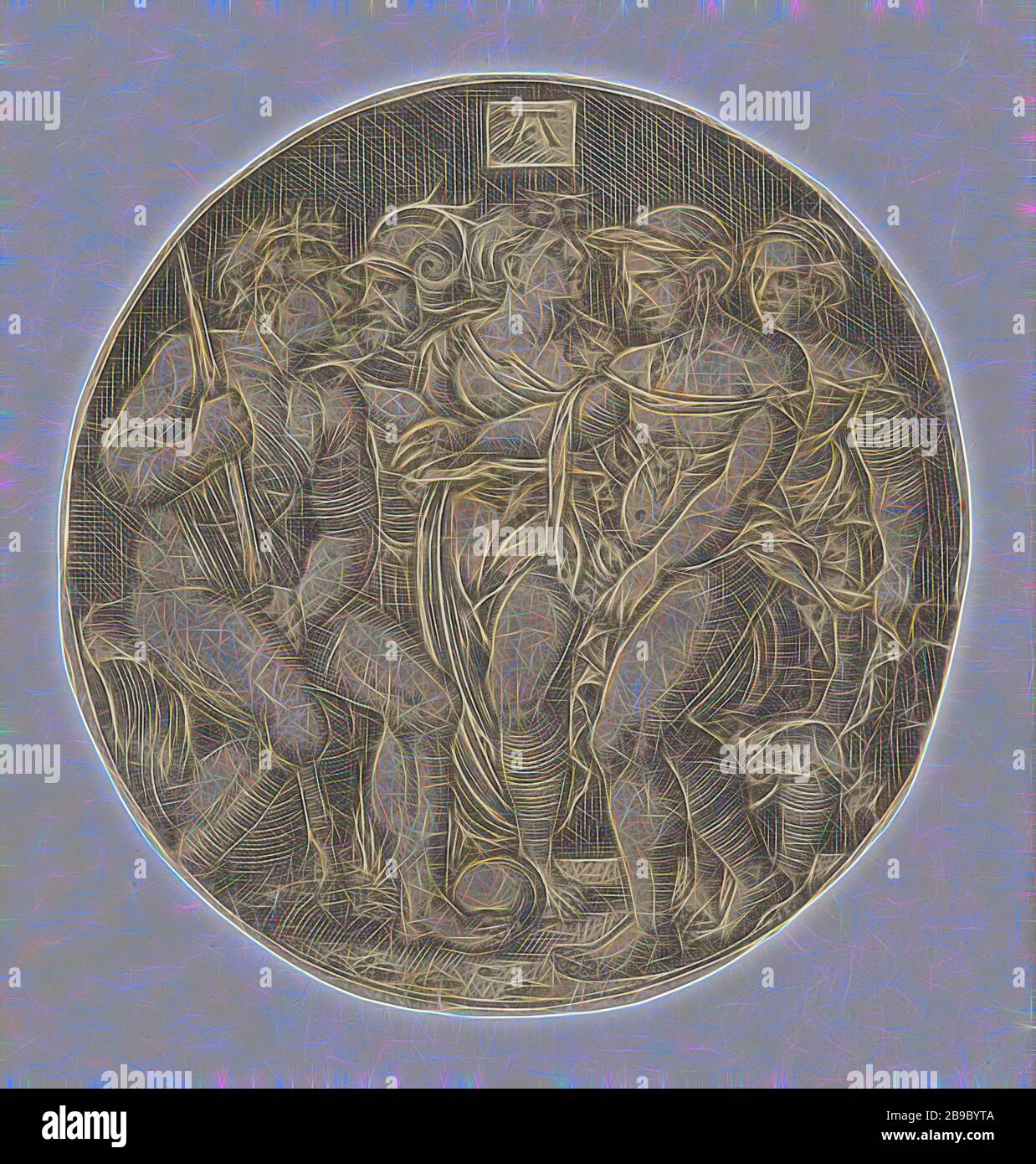 Sentenza di Parigi, in cerchio Parigi con una palla al piede, insieme a tre dee e Mercurio, il Giudizio di Parigi (Mercury Present), Monogrammist AC (16e eeuw) (menzionato su oggetto), Nederlanden, 1520 - 1562, carta, incisione, d 55 mm, Reimagined by Gibon, design di calore allegro di luminosità e raggi di luce radianza. Arte classica reinventata con un tocco moderno. La fotografia ispirata al futurismo, che abbraccia l'energia dinamica della tecnologia moderna, del movimento, della velocità e rivoluziona la cultura. Foto Stock