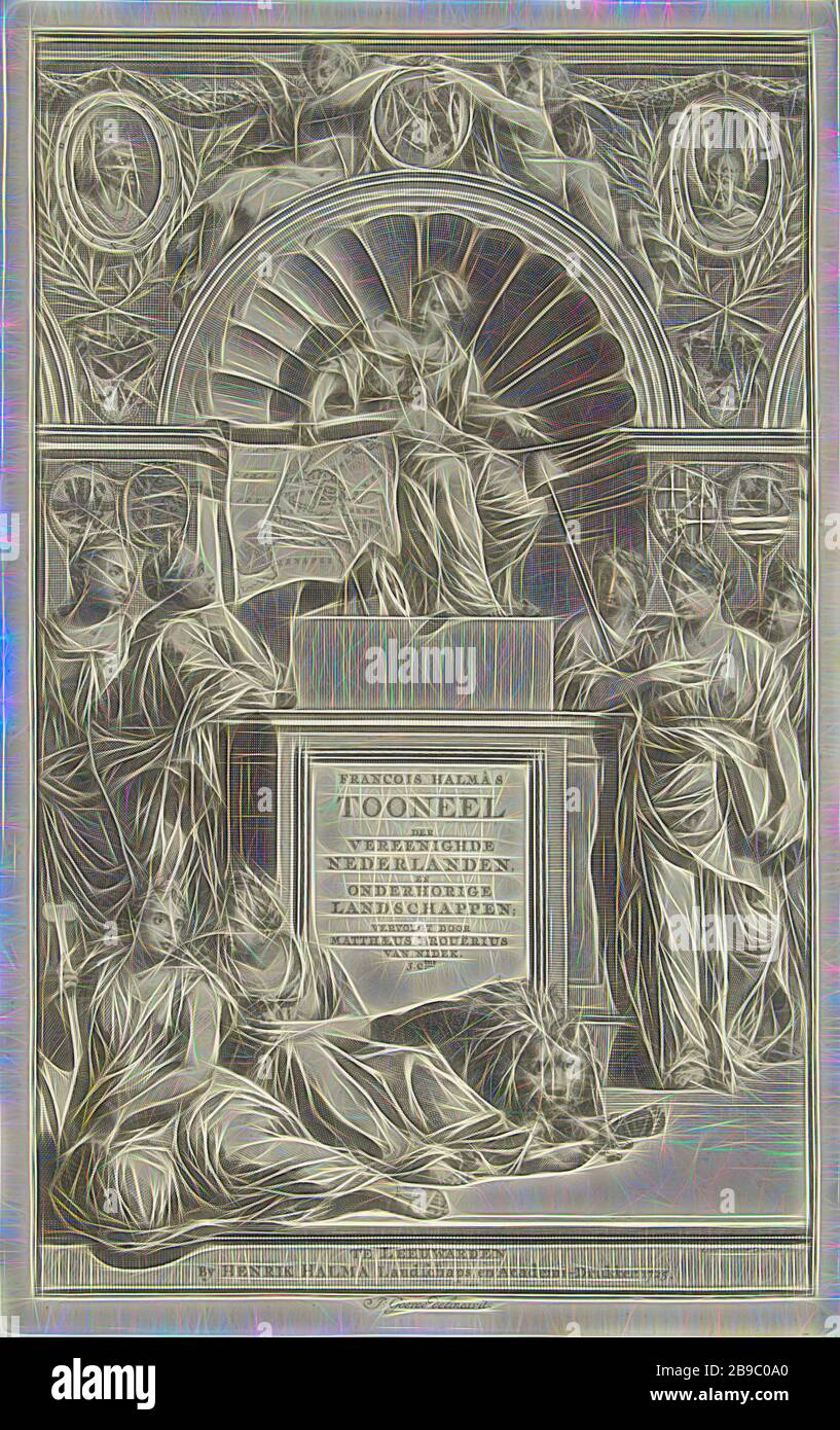 Allegoria della Repubblica delle sette nazioni Paesi Bassi pagina titolo per François Halma e causa Matthaeus BROUERIUS VAN NIDEK Tooneel, del Regno dei Paesi Bassi e il suo subordinato paesaggi, 1725 Francois Halma della fase del Regno dei Paesi Bassi e i suoi paesaggi dipendente (titolo in oggetto), Titolo pagina con rappresentazione allegorica. La personificazione del paese è su un trono elevata, circondato da le personificazioni delle sette province. Ella è in possesso di una mappa dei Paesi Bassi. Sul trono il titolo del libro. Sotto il trono del Leone Olandese, con un fascio di frecce, bestie di Foto Stock