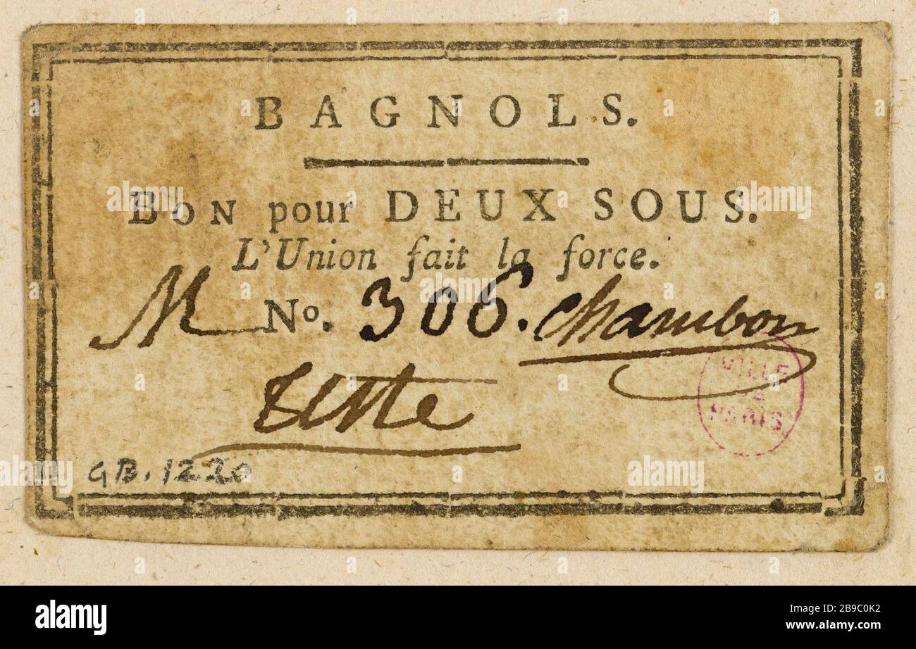 Buono per 2 a Bagnols, MR. N. 306. Anonyme. Bon pour 2 sous, Bagnols, M. n° 306. Typographie, encré. Parigi, musée Carnavalet. Foto Stock