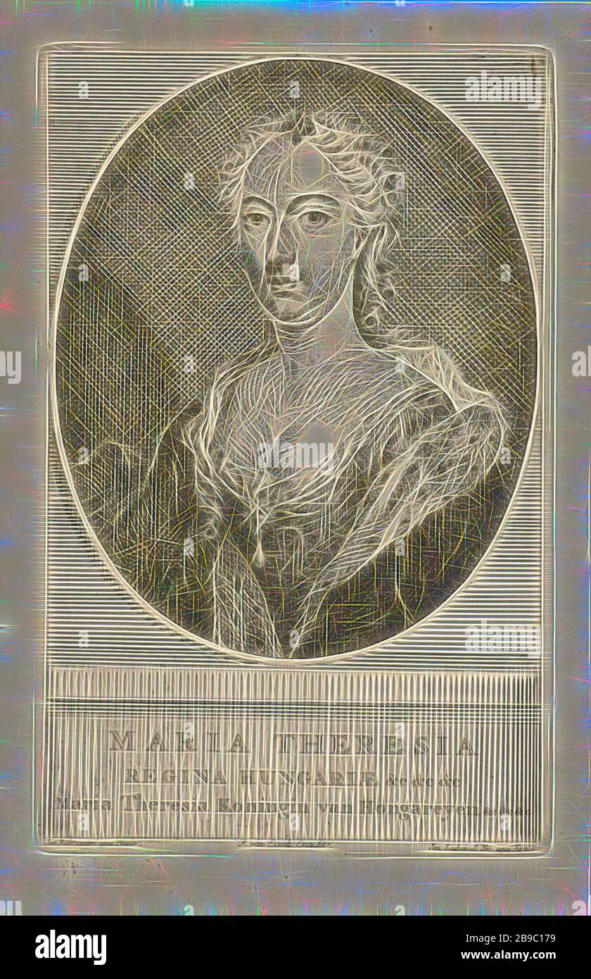 Ritratto di Imperatrice Maria Theresia, Ritratto di Maria Theresia, Imperatrice d'Austria, Regina d'Ungheria e Boemia, Maria Theresia (Imperatrice Romana-tedesca), Jan l'Admiral (menzionato su oggetto), Amsterdam, 1736 - 1776, carta, incisione, h 175 mm × w 112 mm, Reimagined by Gibon, design di calore allegro di luminosità e raggi di luce radianza. Arte classica reinventata con un tocco moderno. La fotografia ispirata al futurismo, che abbraccia l'energia dinamica della tecnologia moderna, del movimento, della velocità e rivoluziona la cultura. Foto Stock