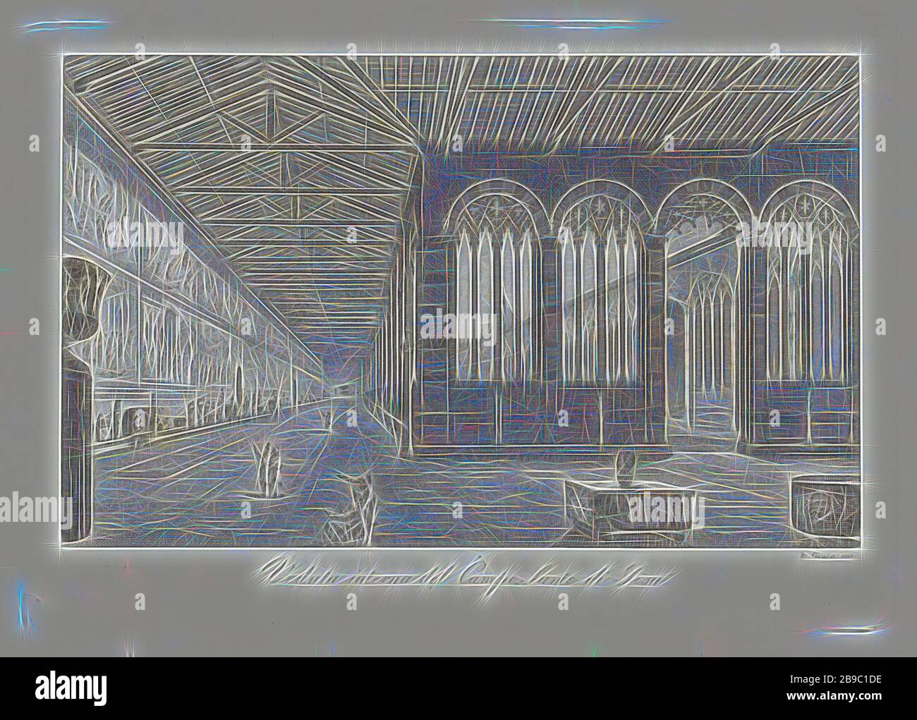 Interno campo Santo a Pisa Veduta interna del campo Santo di Pisa (titolo dell'oggetto) Rappresentanze dei più importanti edifici a Pisa (titolo della serie) rappresentazione / degli edifizj più cospicui di Pisa (titolo della serie), Vista del campo Santo a Pisa, con vari sarcofagi e murales, cimitero, sarcofago, Campo Santo, Raniero grassi (citato su oggetto), Pisa, 1854, carta, incisione, h 148 mm × w 214 mm, Reimagined by Gibon, disegno di calore allegro di luminosità e raggi di luce radianza. Arte classica reinventata con un tocco moderno. Fotografia ispirata al futurismo, emb Foto Stock