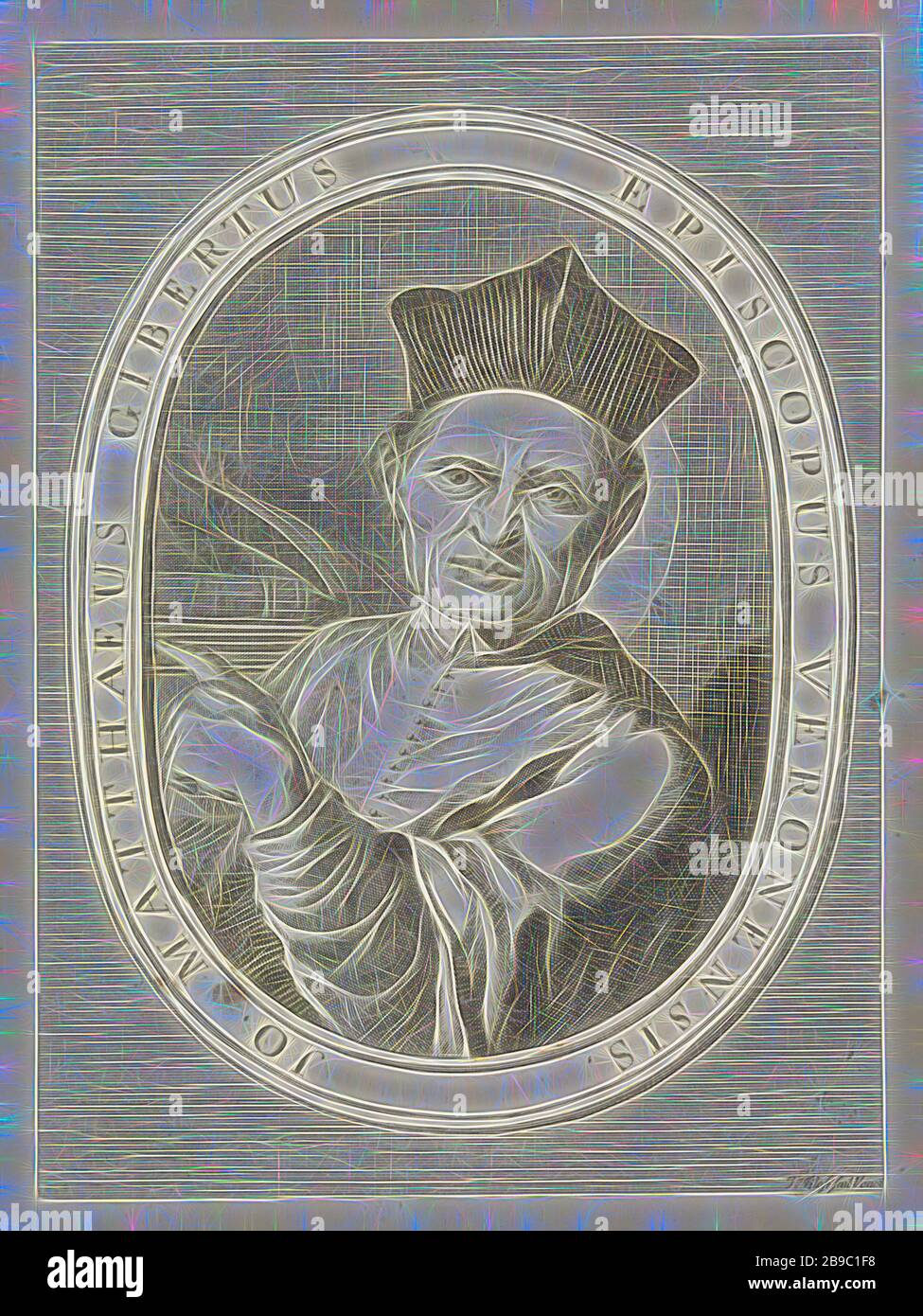 Ritratto di Giovanni Matteo Giberti, persone storiche, Giovanni Matteo Giberti, Giuseppe Filosi (citato su oggetto), Venezia, c. 1700 - c. 1749, carta, incisione, h 249 mm × w 177 mm, Reimagined by Gibon, disegno di calore allegro di luminosità e raggi di luce radianza. Arte classica reinventata con un tocco moderno. La fotografia ispirata al futurismo, che abbraccia l'energia dinamica della tecnologia moderna, del movimento, della velocità e rivoluziona la cultura. Foto Stock