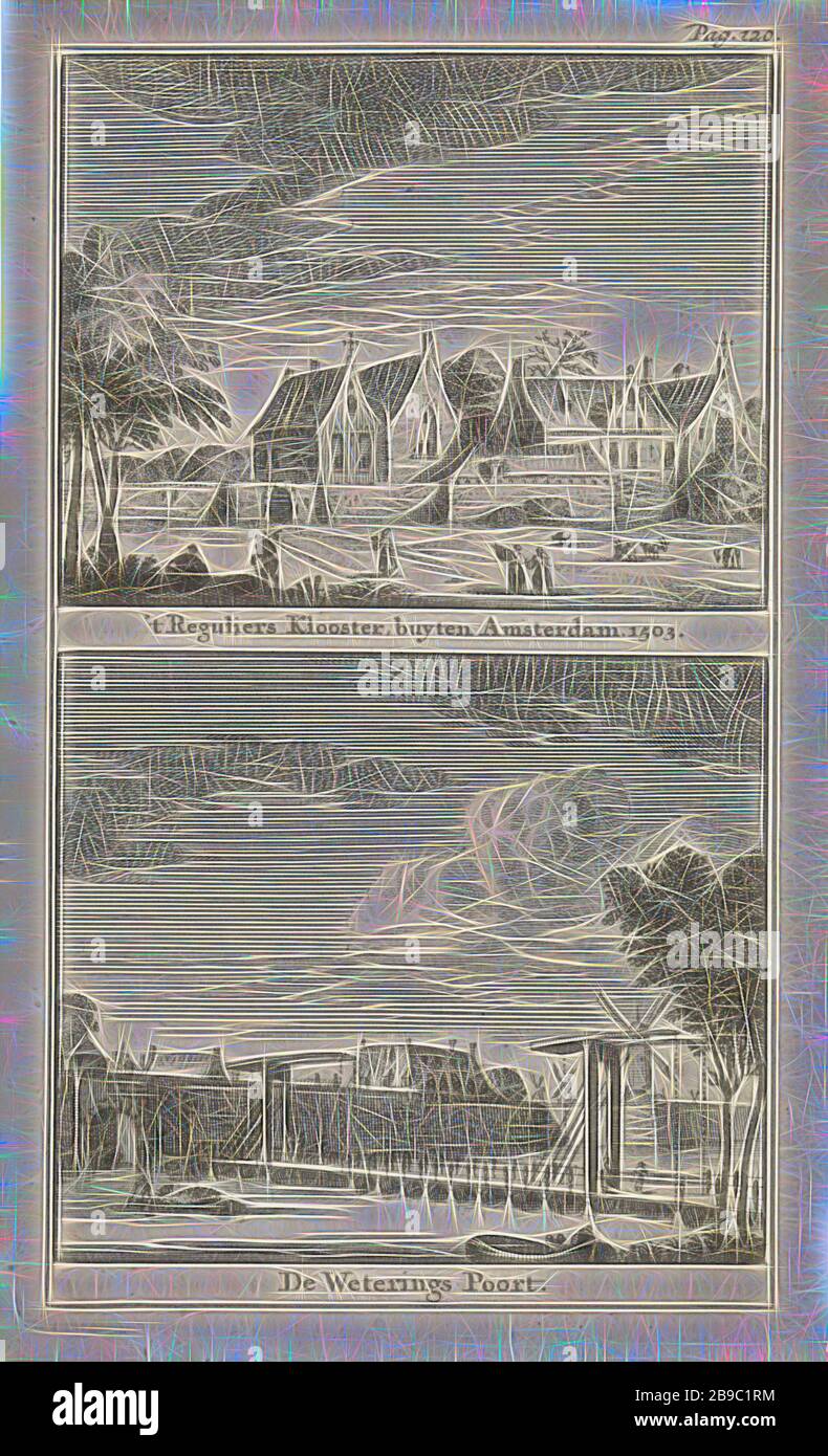 Il monastero dei Reguliers fuori Amsterdam (1503) e il Weteringspoort ad Amsterdam 't Reguliers Klooster, acquistarono Amsterdam. 1503 / De Weterings Poort (titolo su oggetto), sopra: Vista del Regulierskoster fuori le mura della città di Amsterdam (dietro il Regulierspoort), nella situazione intorno al 1503. Sotto: Vista del Weteringspoort ad Amsterdam, visto da fuori della città. Numerato in alto a destra: Pag. 120, porta della città (figure con personale), chiostri, monastero, Reguliersklooster, Weteringpoort, Jan Goeree, Amsterdam, 1723 - 1738, carta, incisione, h 149 mm × w 92 mm, reinventata da Gibon, design Foto Stock