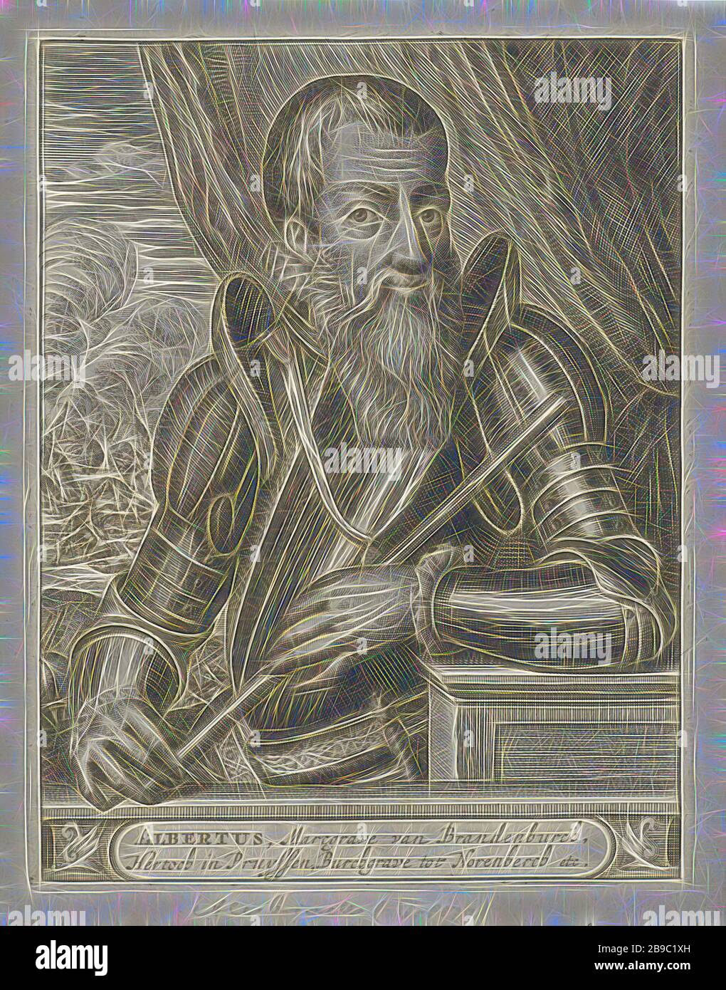 Ritratto di Alberto di Brandeburgo, ritratto a mezza lunghezza di Alberto di Brandeburgo, vestito di armatura con un comandante di fronte a lui. Sullo sfondo è raffigurato un diamante. Sotto il suo ritratto un plinto, su cui il suo nome e titolo in due linee in un cartouche, abbigliamento militare e altre attrezzature (uniformi, cappuccio, armatura, casco, ecc.), battaglia (cavalleria, cavalieri), barba, Albrecht von Brandenburg, Christiaan Hagen, Amsterdam, c. 1635 - 1695, carta, incisione, h 183 mm × w 141 mm, Reimagined by Gibon, disegno di calore allegro di luminosità e raggi di luce radianza. wi reinventato da arte classica Foto Stock