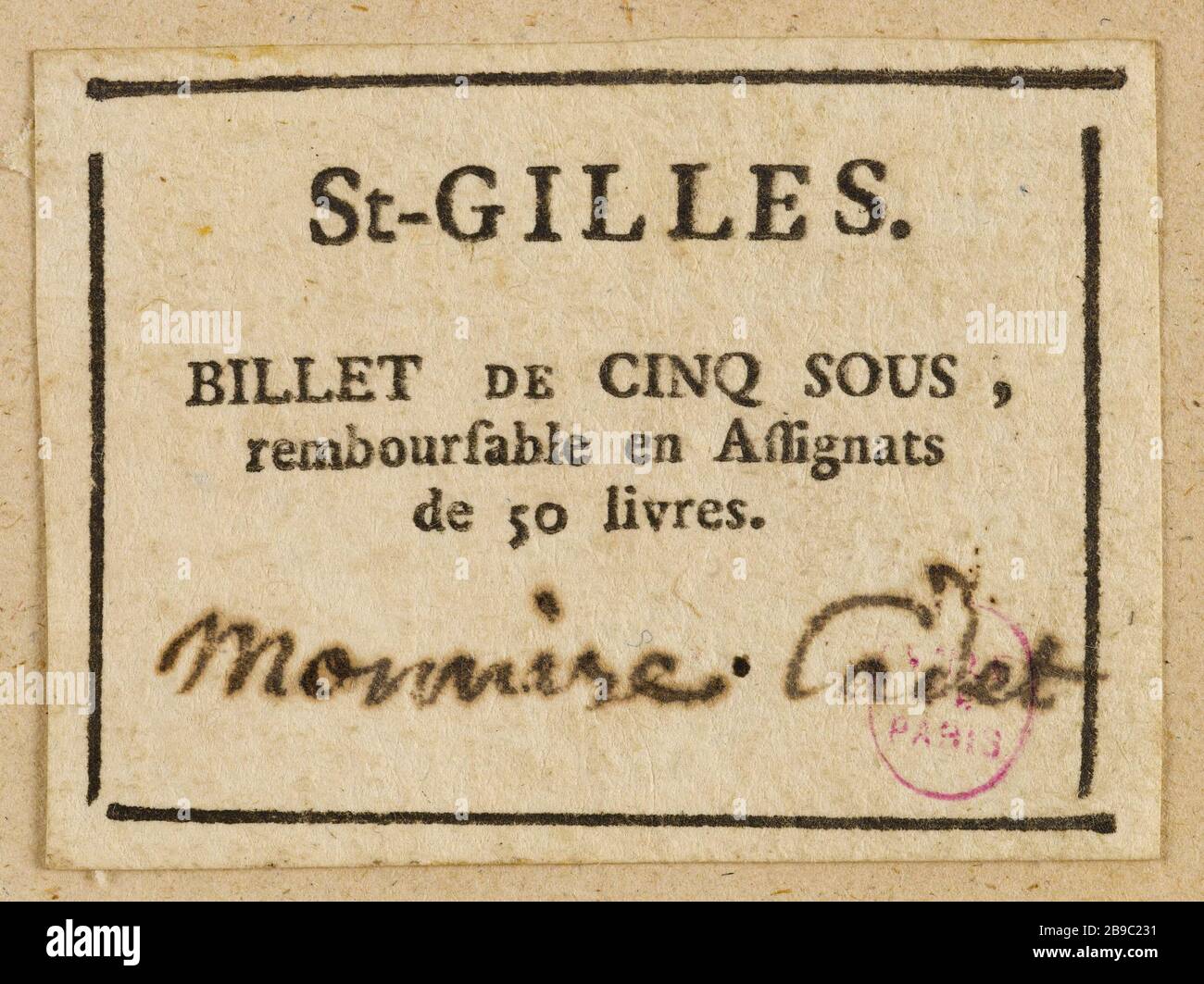 5 nota a Saint-Gilles. Anonyme. Billet de 5 sous, Saint-Gilles. Typographie, encré. Parigi, musée Carnavalet. Foto Stock