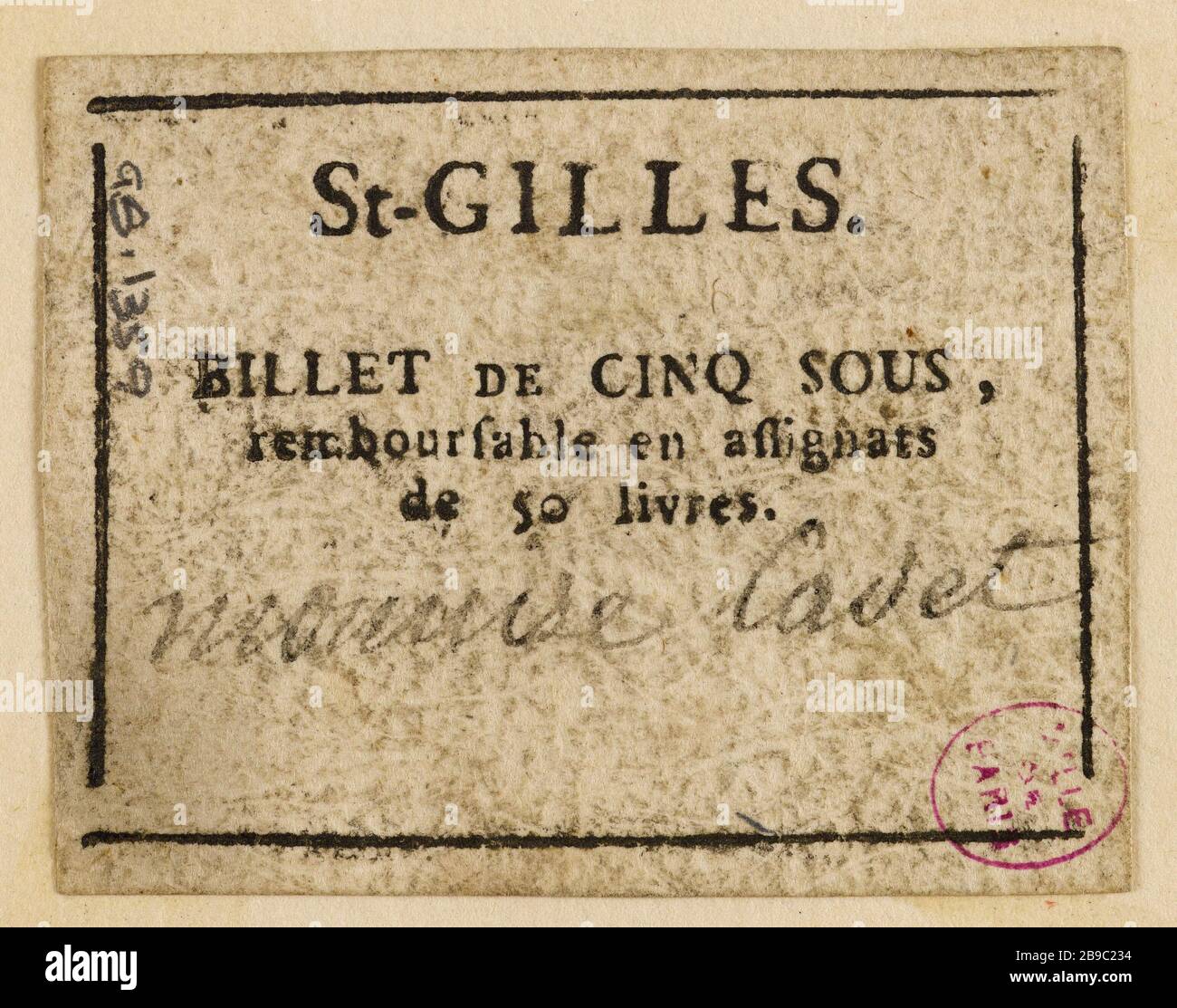 5 nota a Saint-Gilles. Anonyme. Billet de 5 sous, Saint-Gilles. Typographie, encré. Parigi, musée Carnavalet. Foto Stock